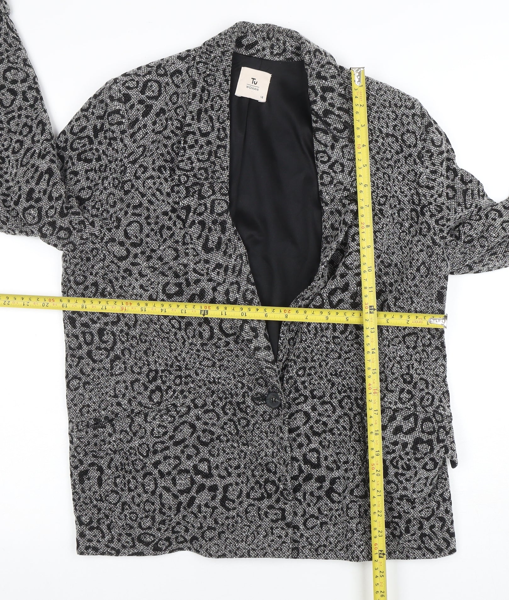 Tu Women Grey Animal Print Regular Fit Single Breasted Blazer Size 14 - Image 2