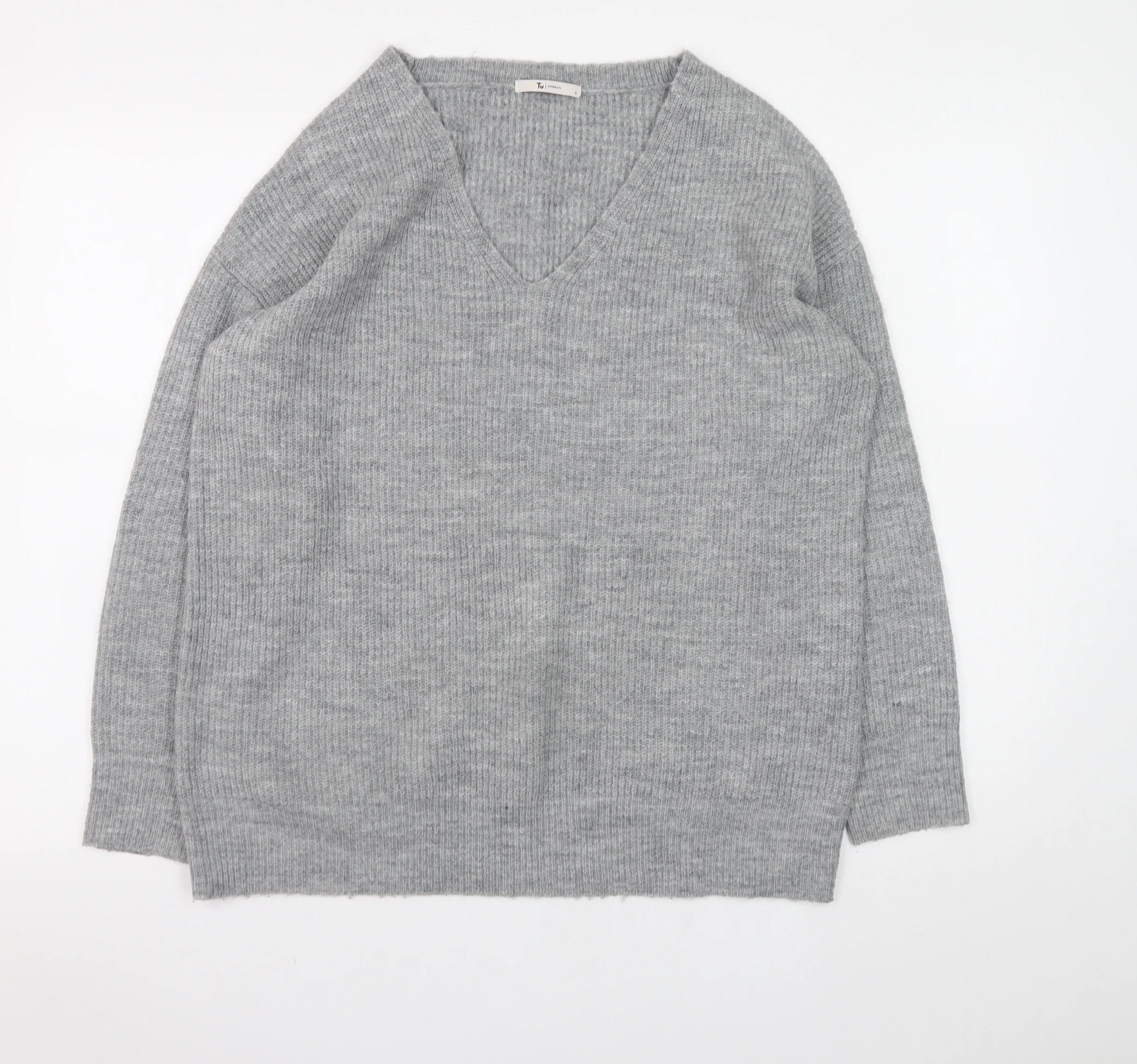Tu Women Grey V-Neck Rib Knit Pullover Jumper Size 8