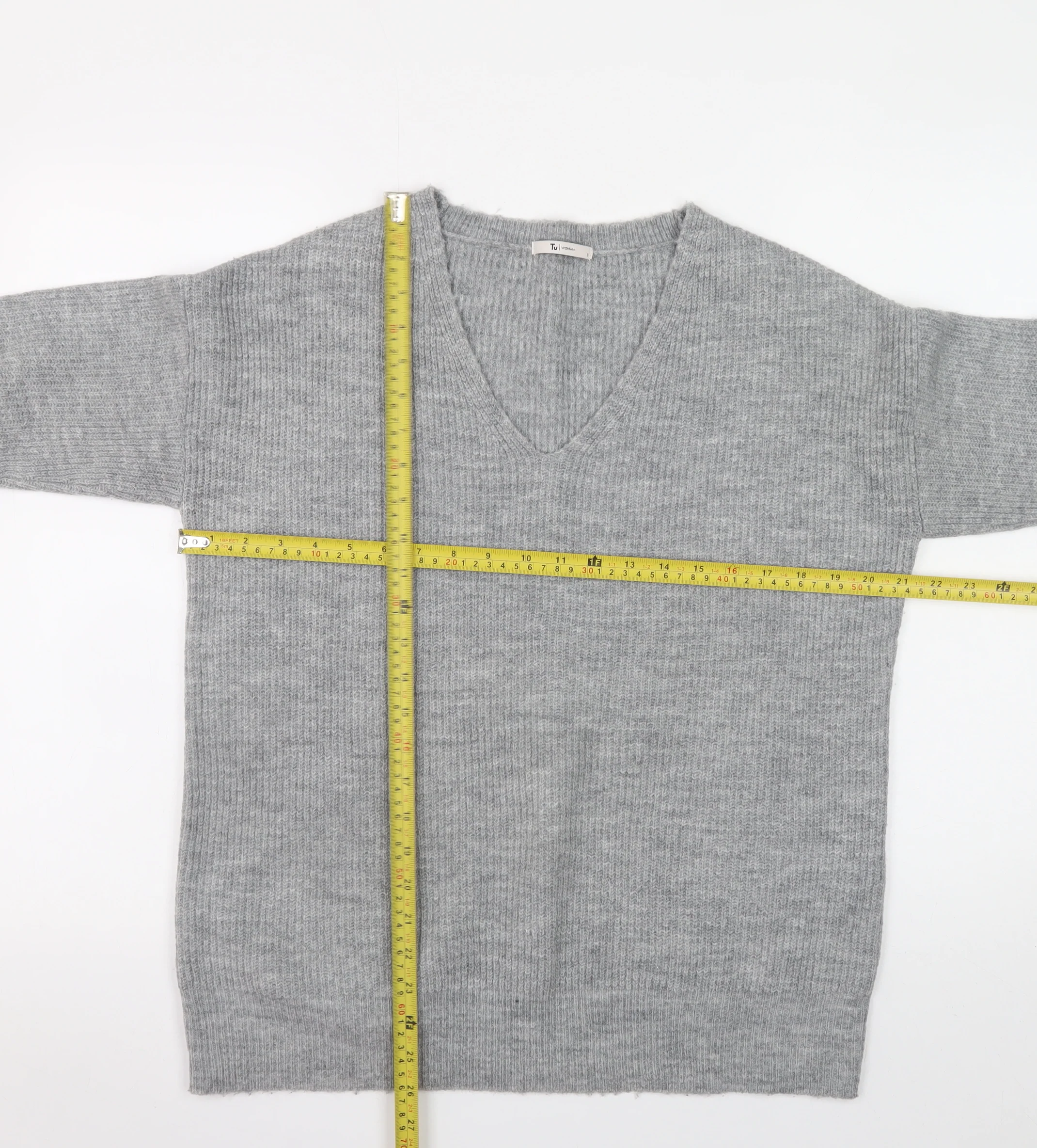 Tu Women Grey V-Neck Rib Knit Pullover Jumper Size 8 - Image 2