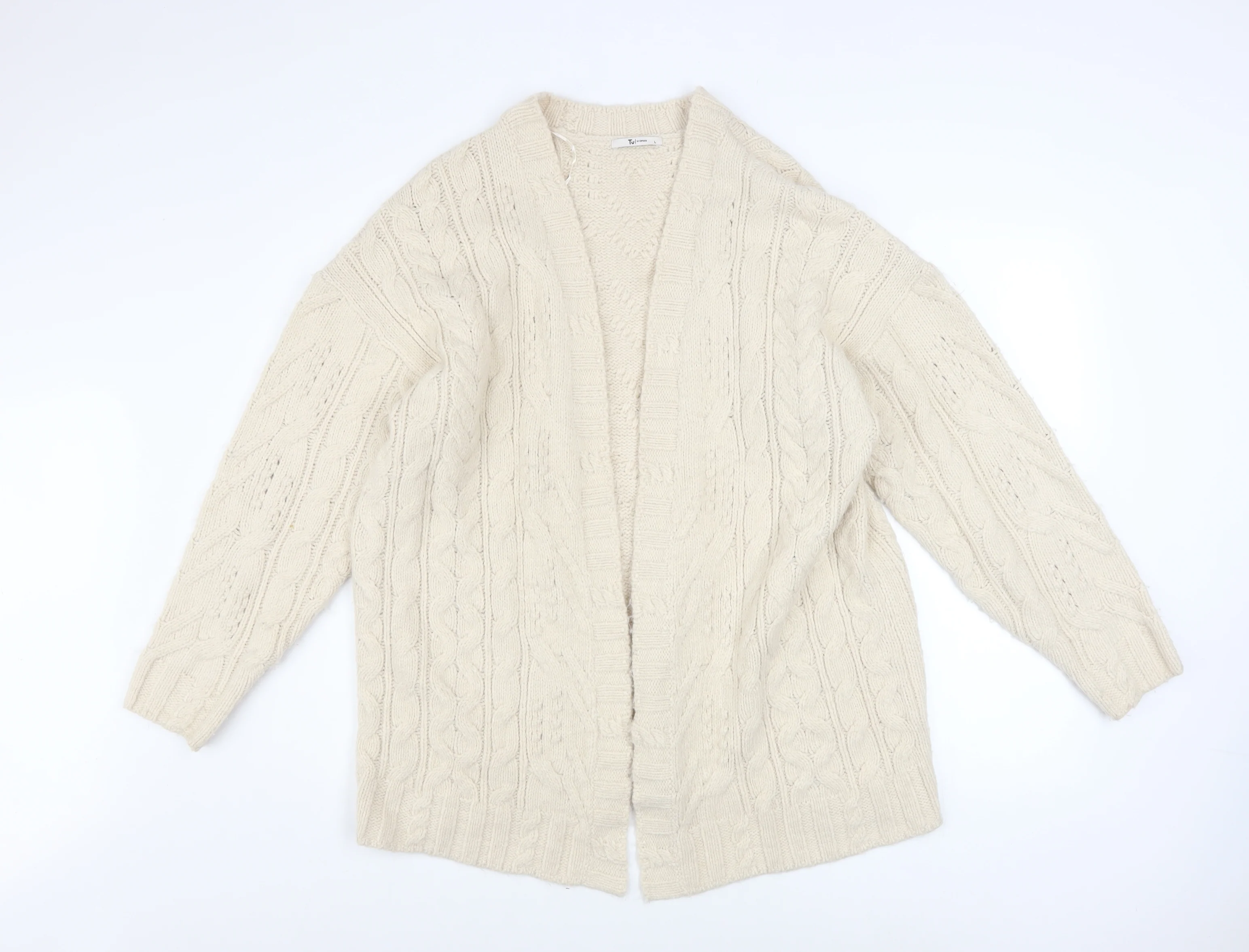 Tu Women Ivory Cable Knit Long Sleeve Open Cardigan L