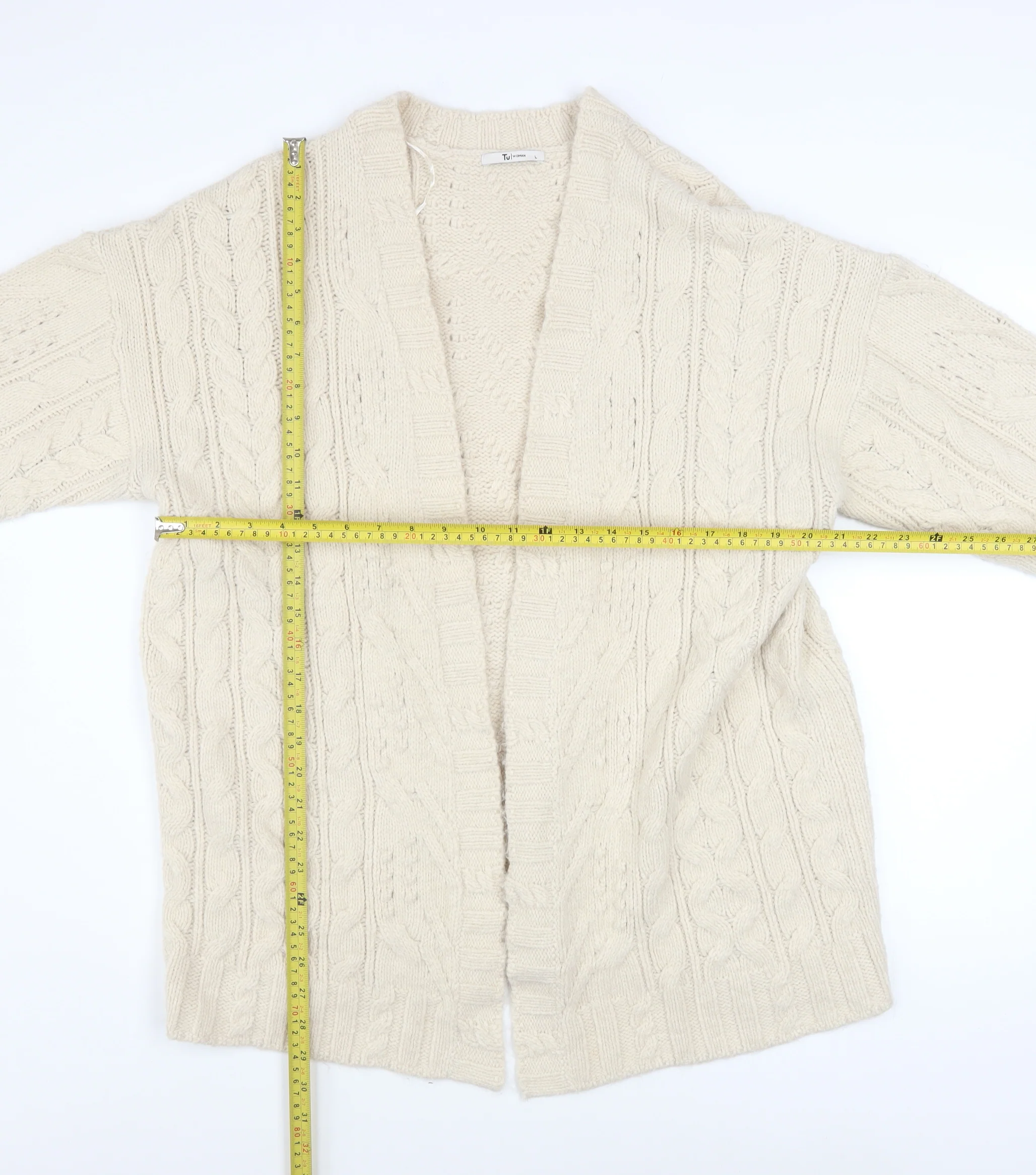 Tu Women Ivory Cable Knit Long Sleeve Open Cardigan L - Image 2