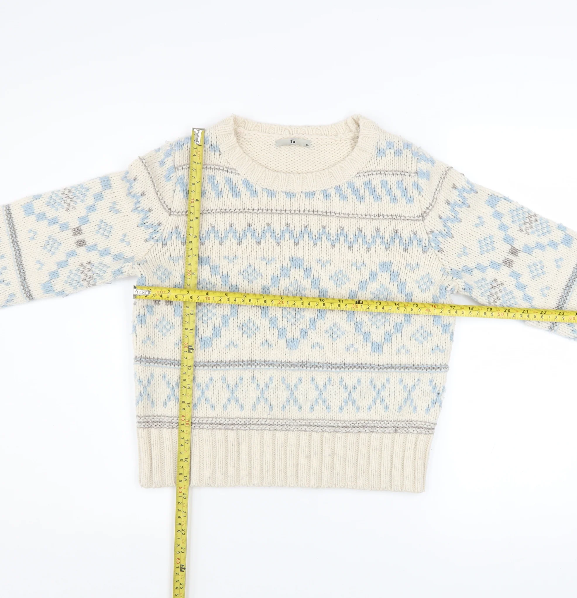 Tu Women Ivory Fair Isle Chunky Knit Jumper Size 10 - Image 2