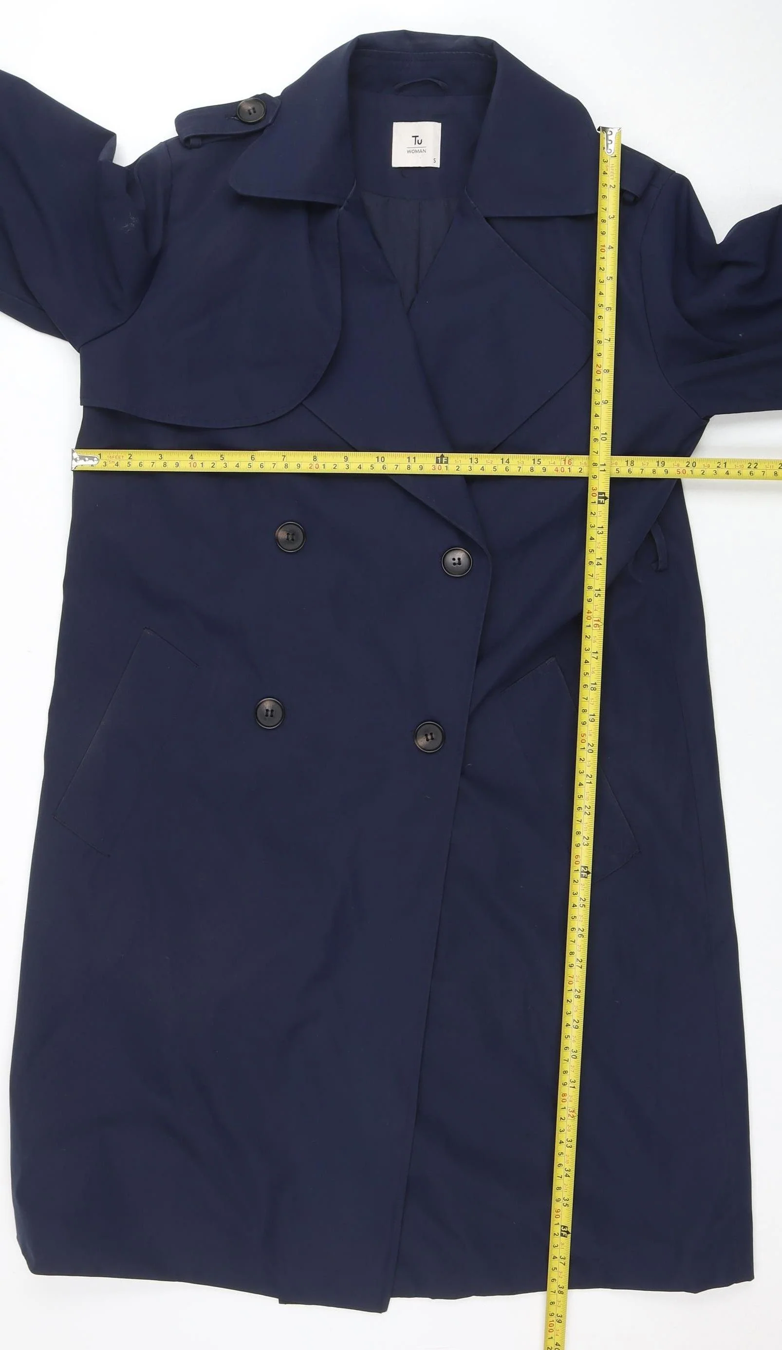TU Women’s Blue Trench Coat Size S Long Double Breasted Classic Style - Image 2