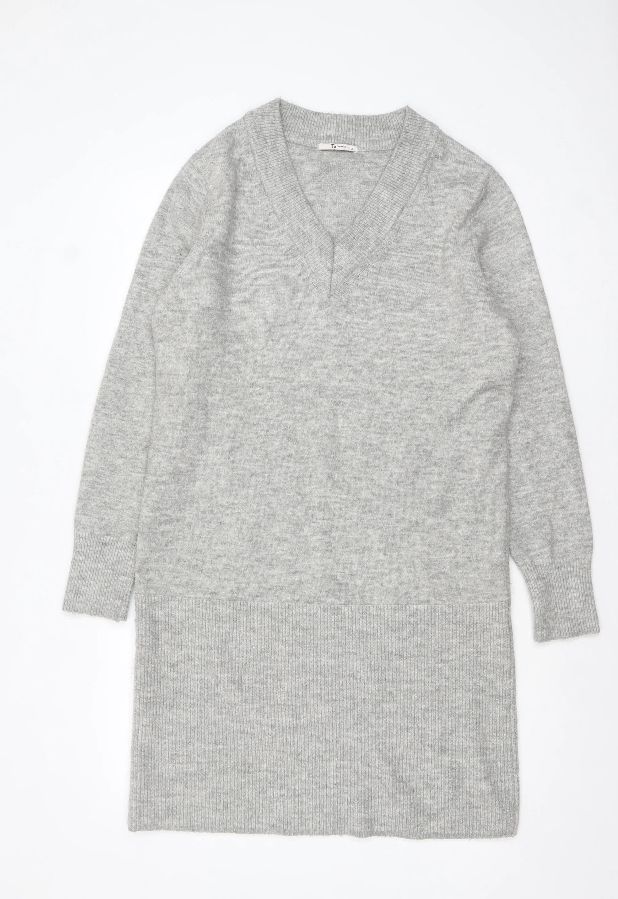 Tu Women’s Grey Knit V-Neck Long Sleeve Jumper Dress Size 12