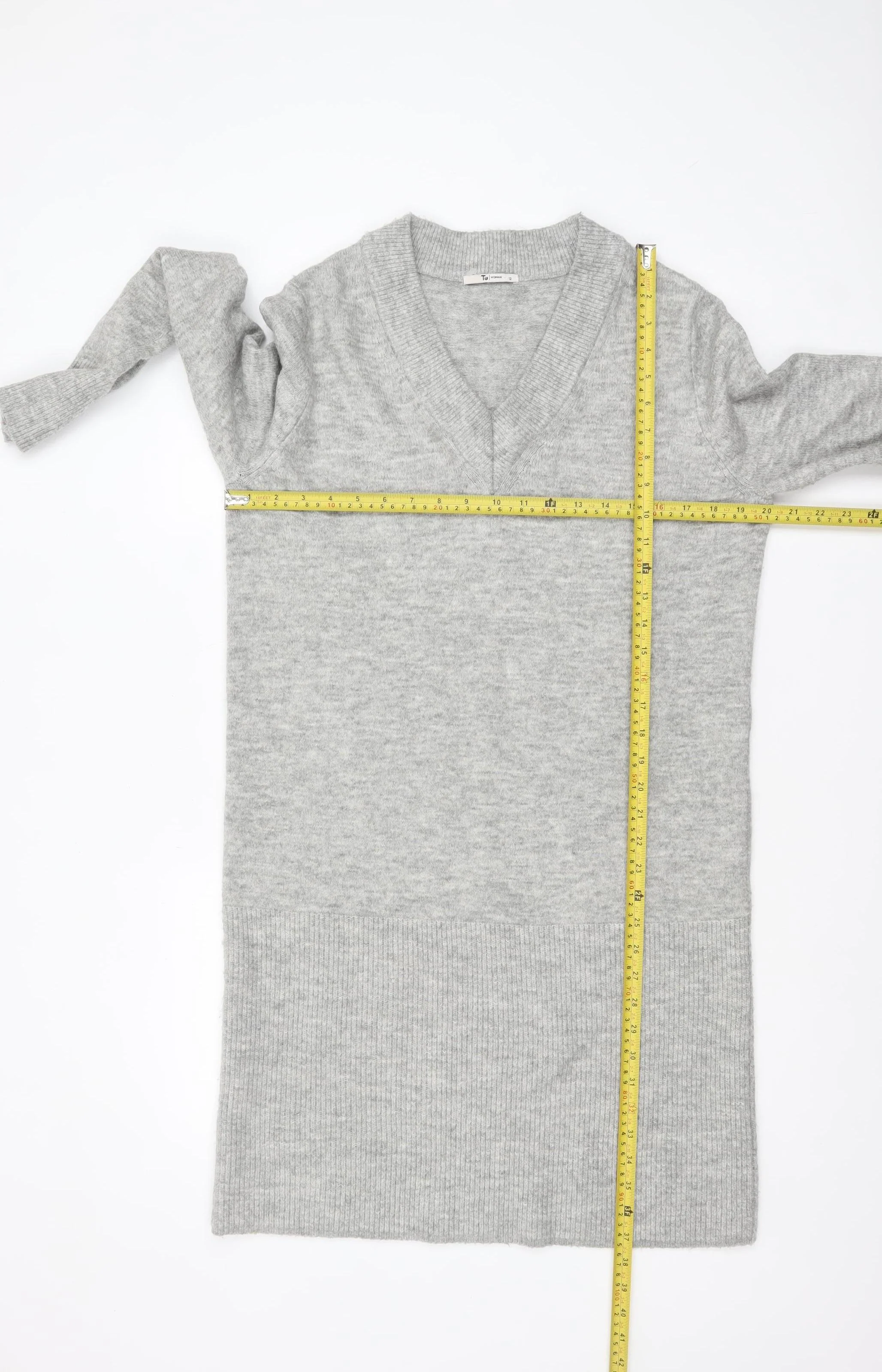 Tu Women’s Grey Knit V-Neck Long Sleeve Jumper Dress Size 12 - Image 2
