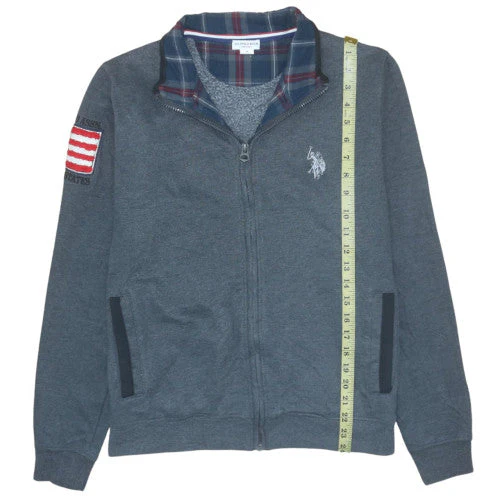 U.S. Polo Assn. Men's Grey Full Zip Hoodie M Plaid Collar - Image 3