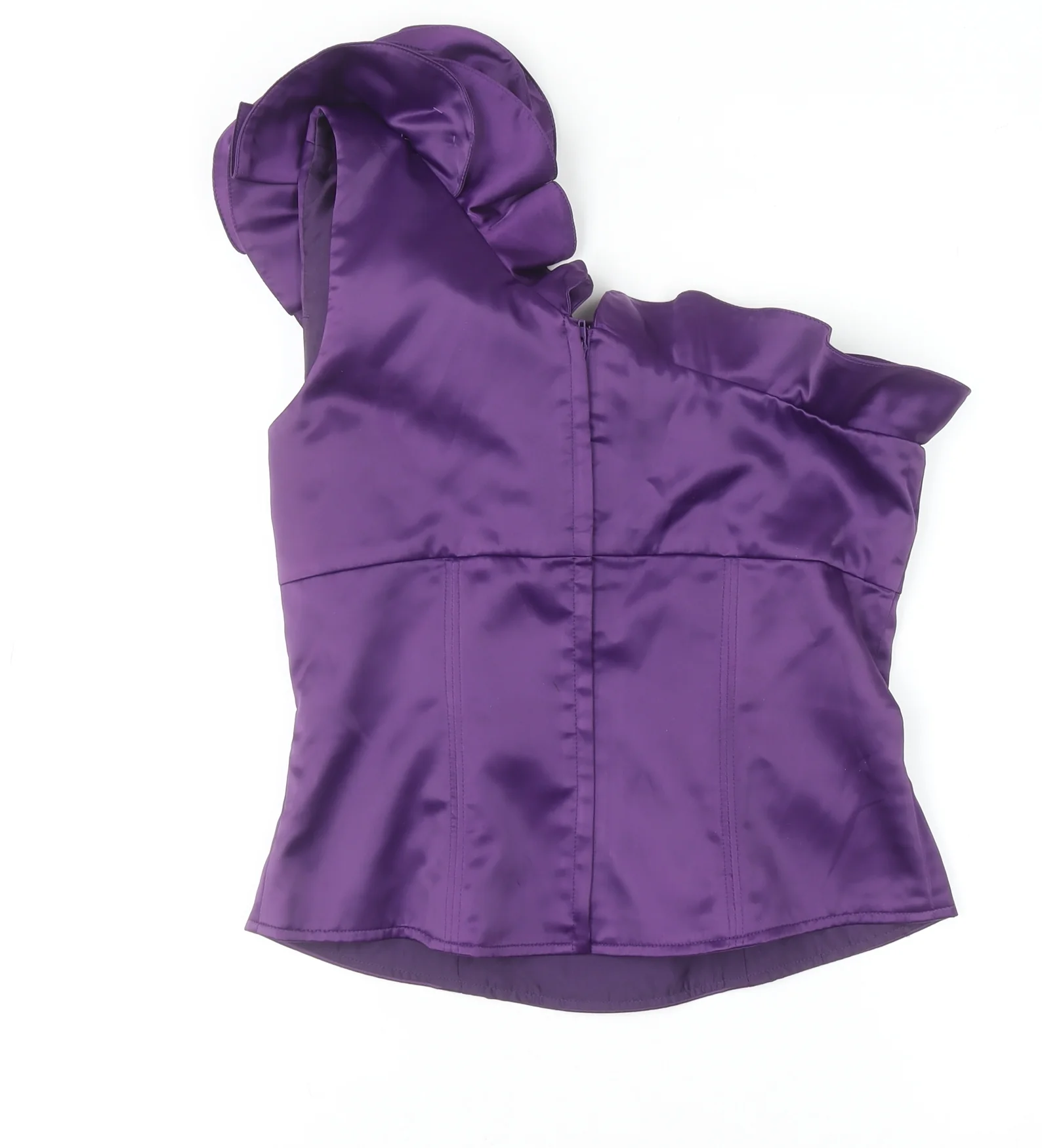Unique Boutique Women's Purple Satin One Shoulder Ruffle Blouse Size 2 - Image 3