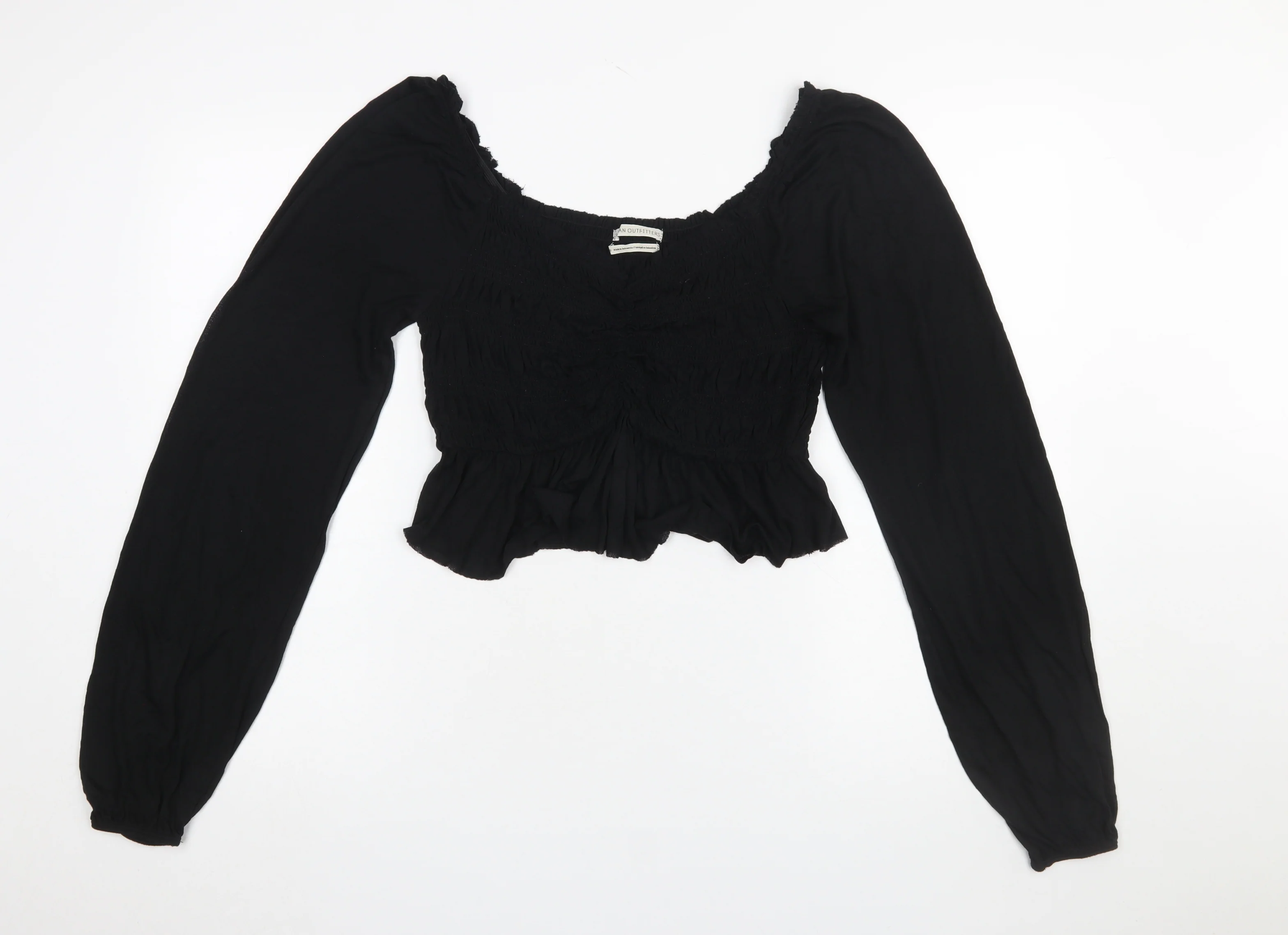 Urban Outfitters Women Black Cropped Long Sleeve Ruffle Blouse L