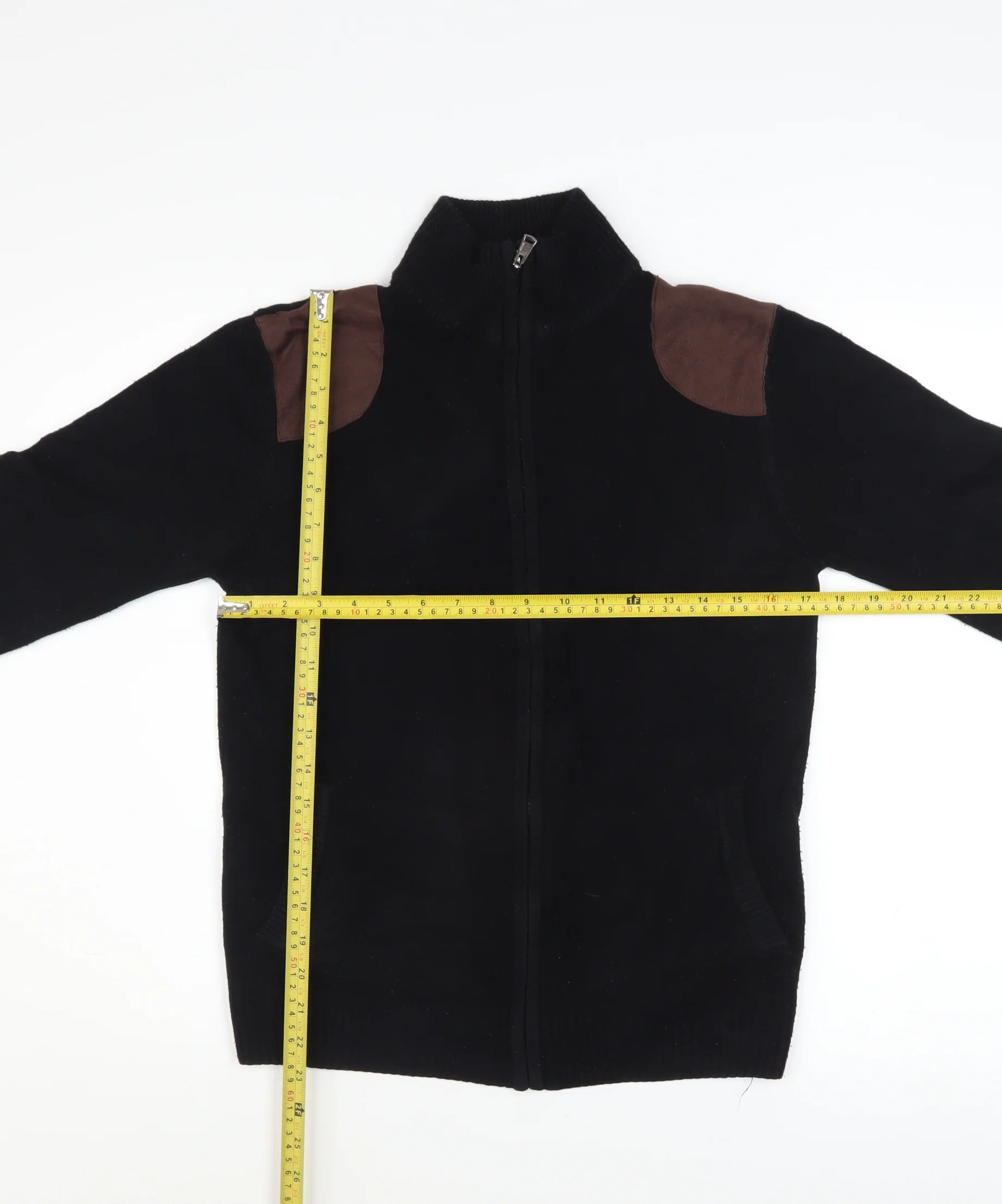 Valorwang Men's Black Knit Full Zip Jacket M with Brown Patches - Image 2