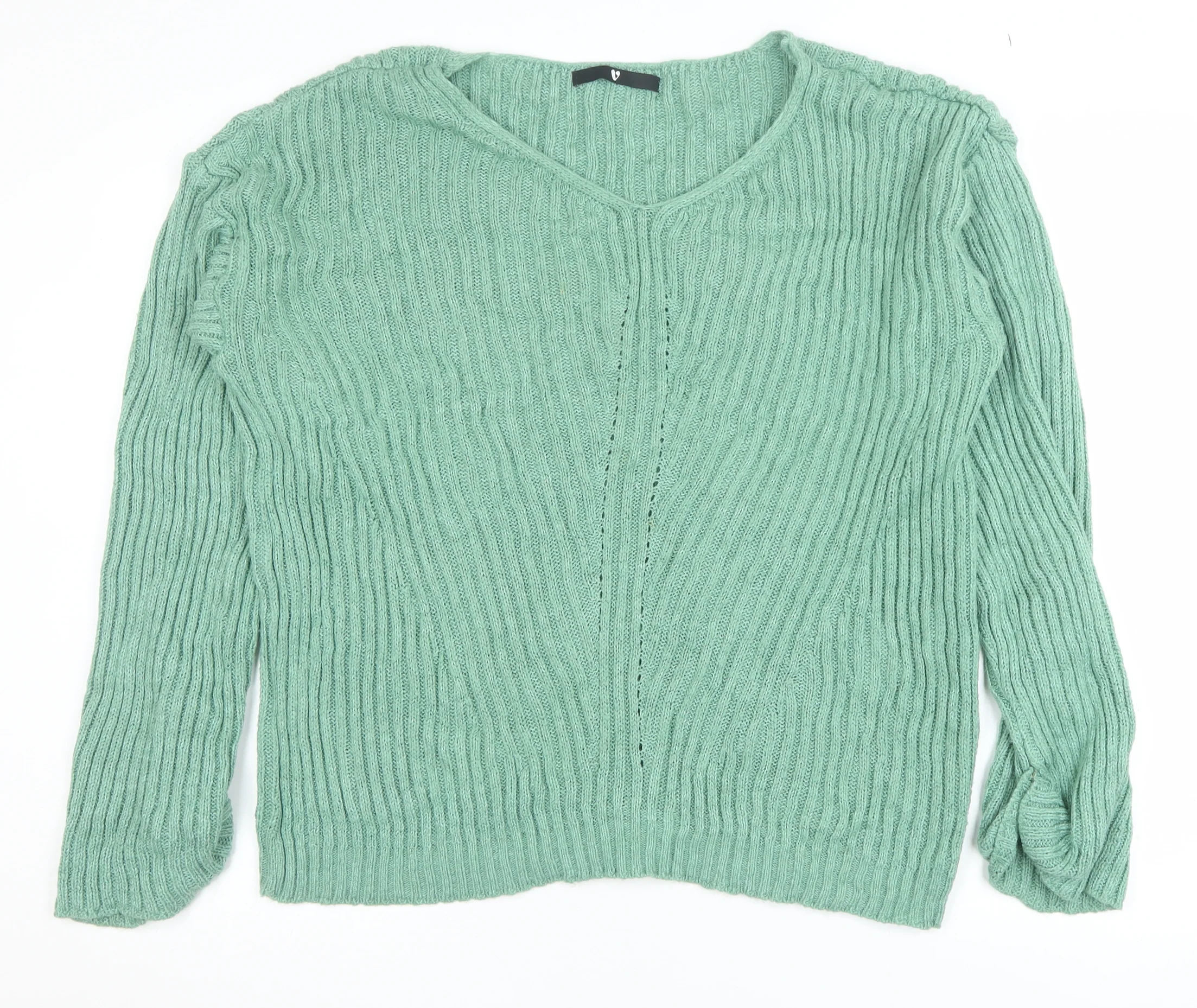 Very Women Green Ribbed V-Neck Pullover Jumper Size 16