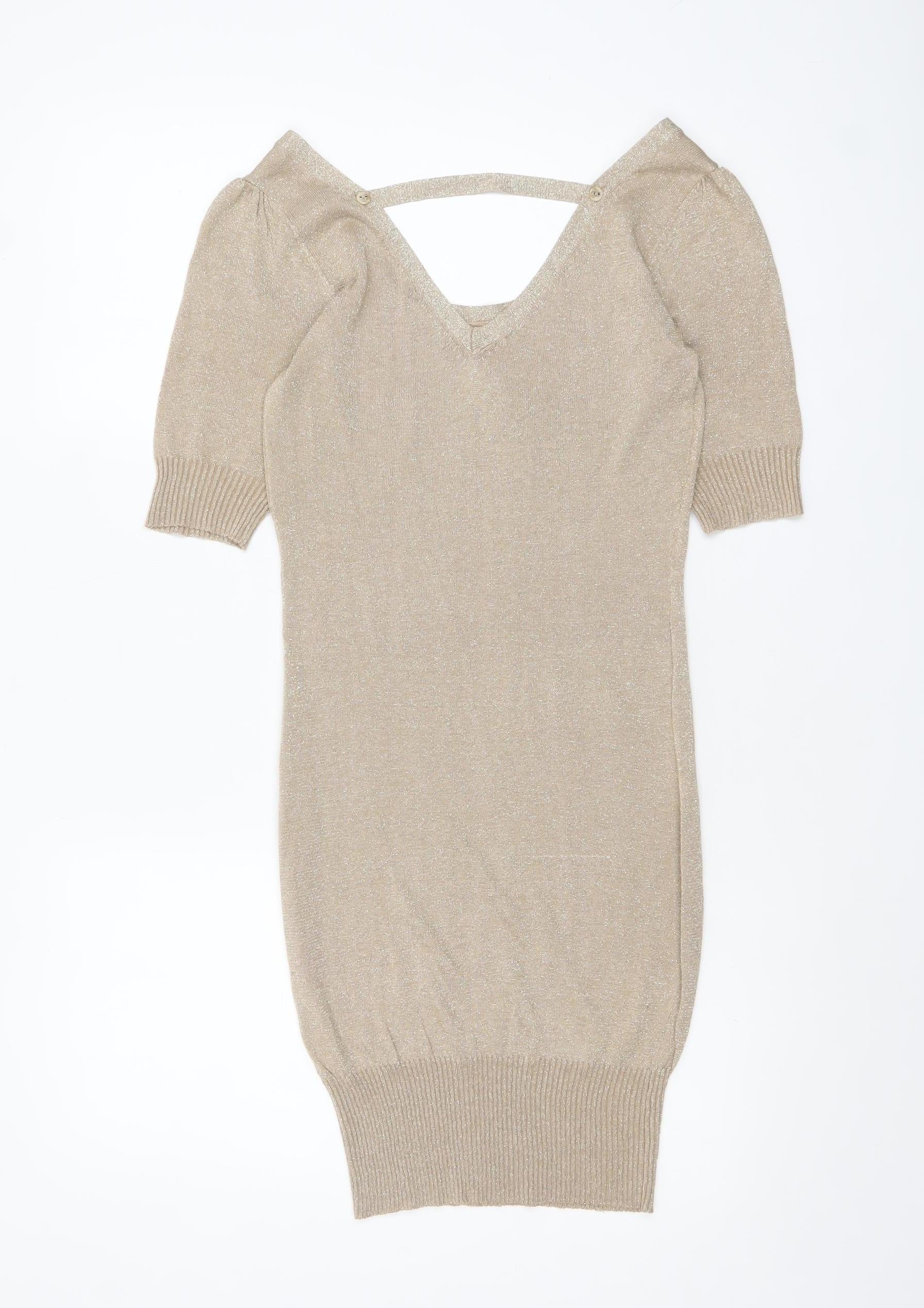 Vila Women Beige Glitter V-Neck Short Sleeve Pullover Jumper Size S - Image 3