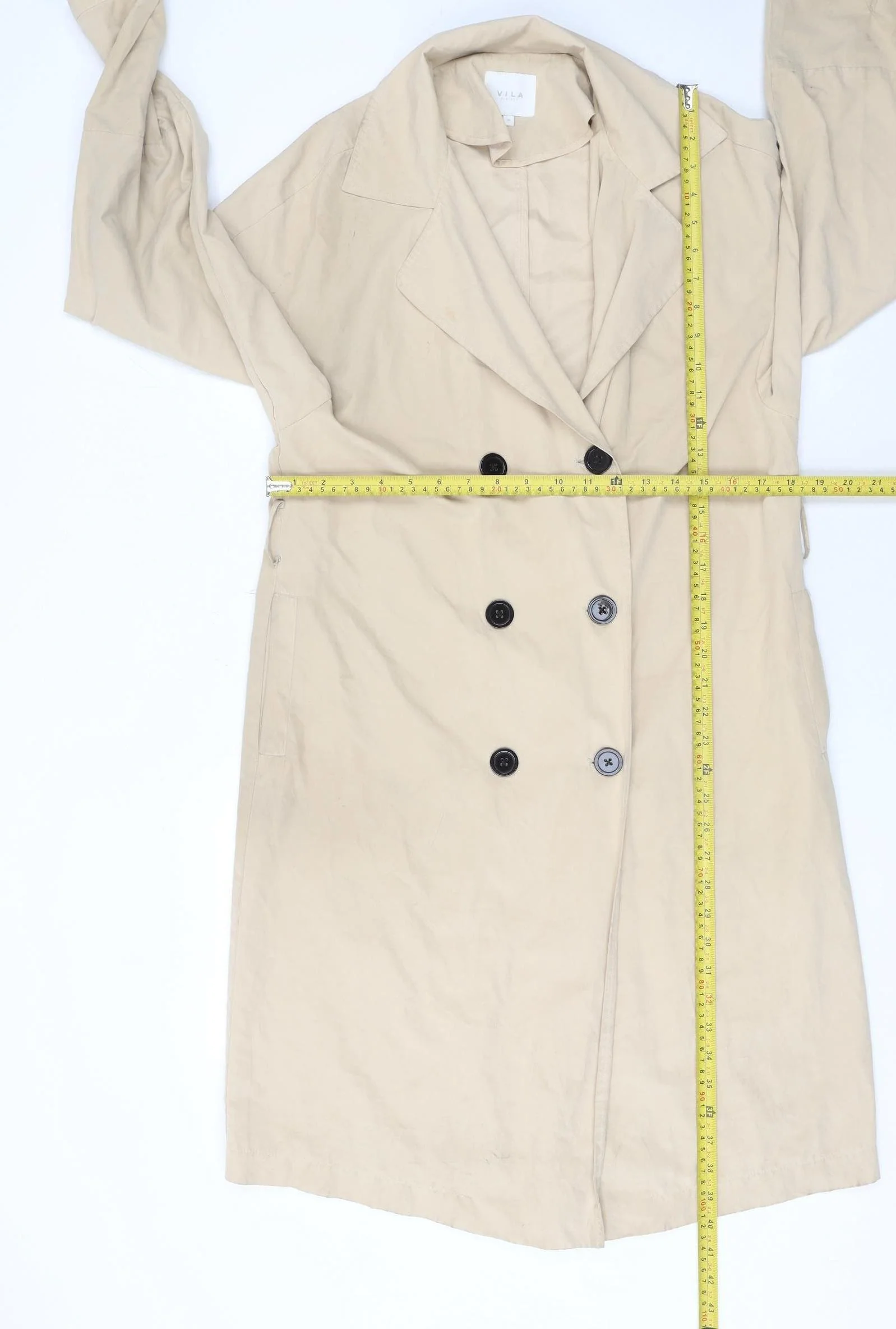 Vila Womens Beige Trench Coat Size 8 Long Double Breasted - Image 2