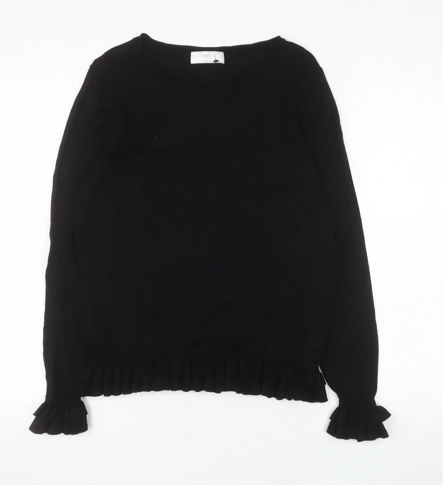 Wallis Petite Black Long Sleeve Ruffle Hem Viscose Blouse Size 14