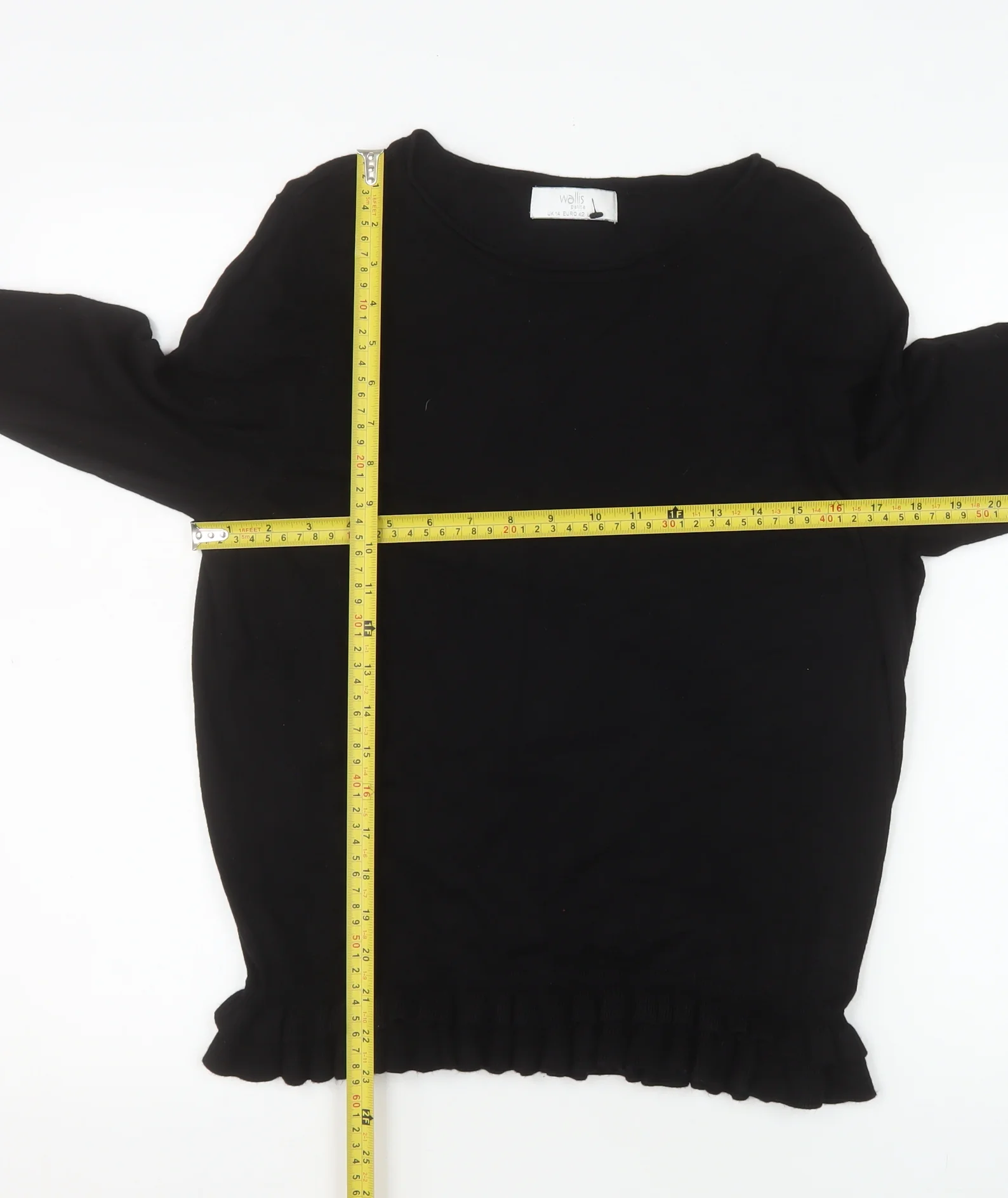 Wallis Petite Black Long Sleeve Ruffle Hem Viscose Blouse Size 14 - Image 2