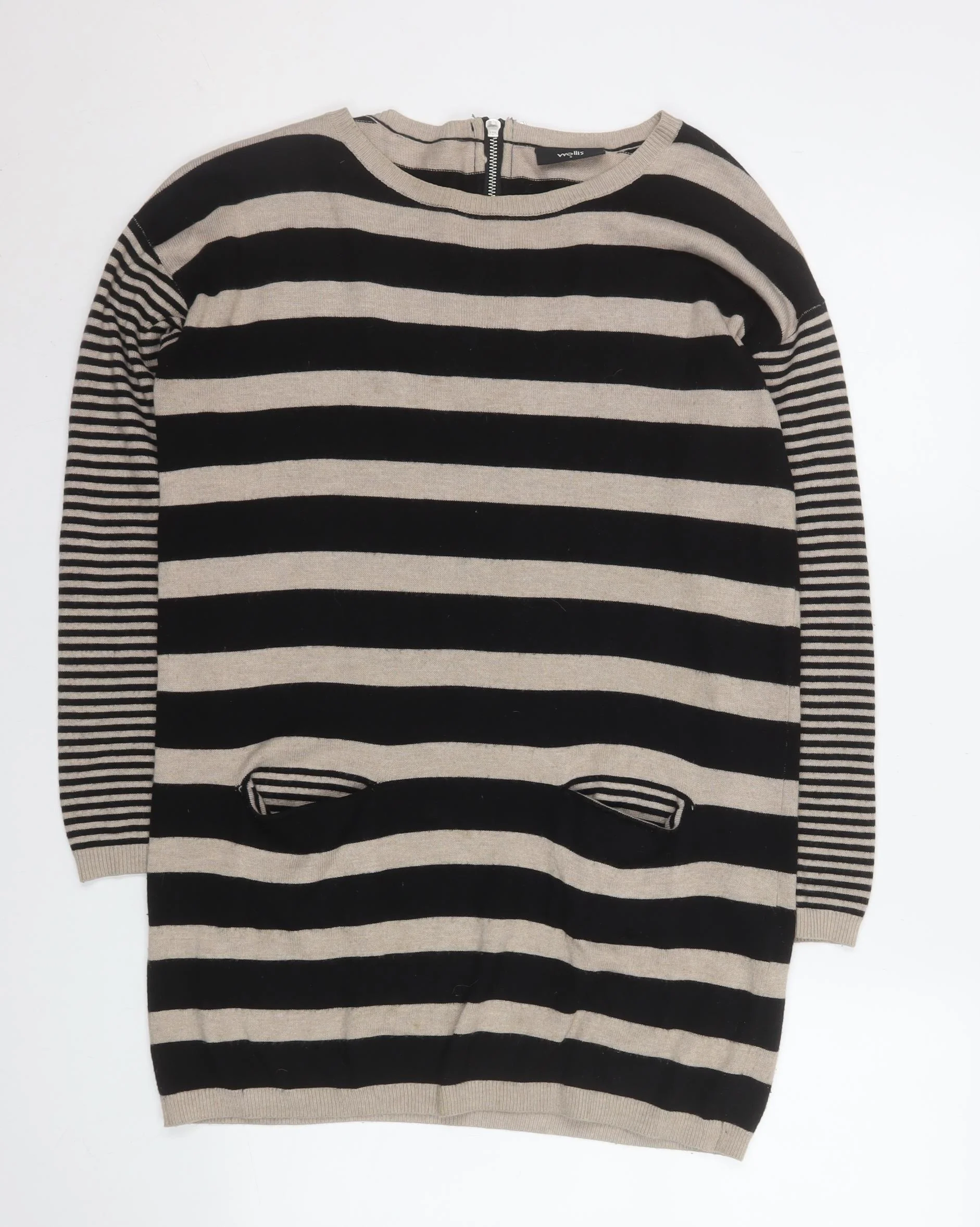 Wallis Women Beige Black Striped Knit Shift Dress Size 8