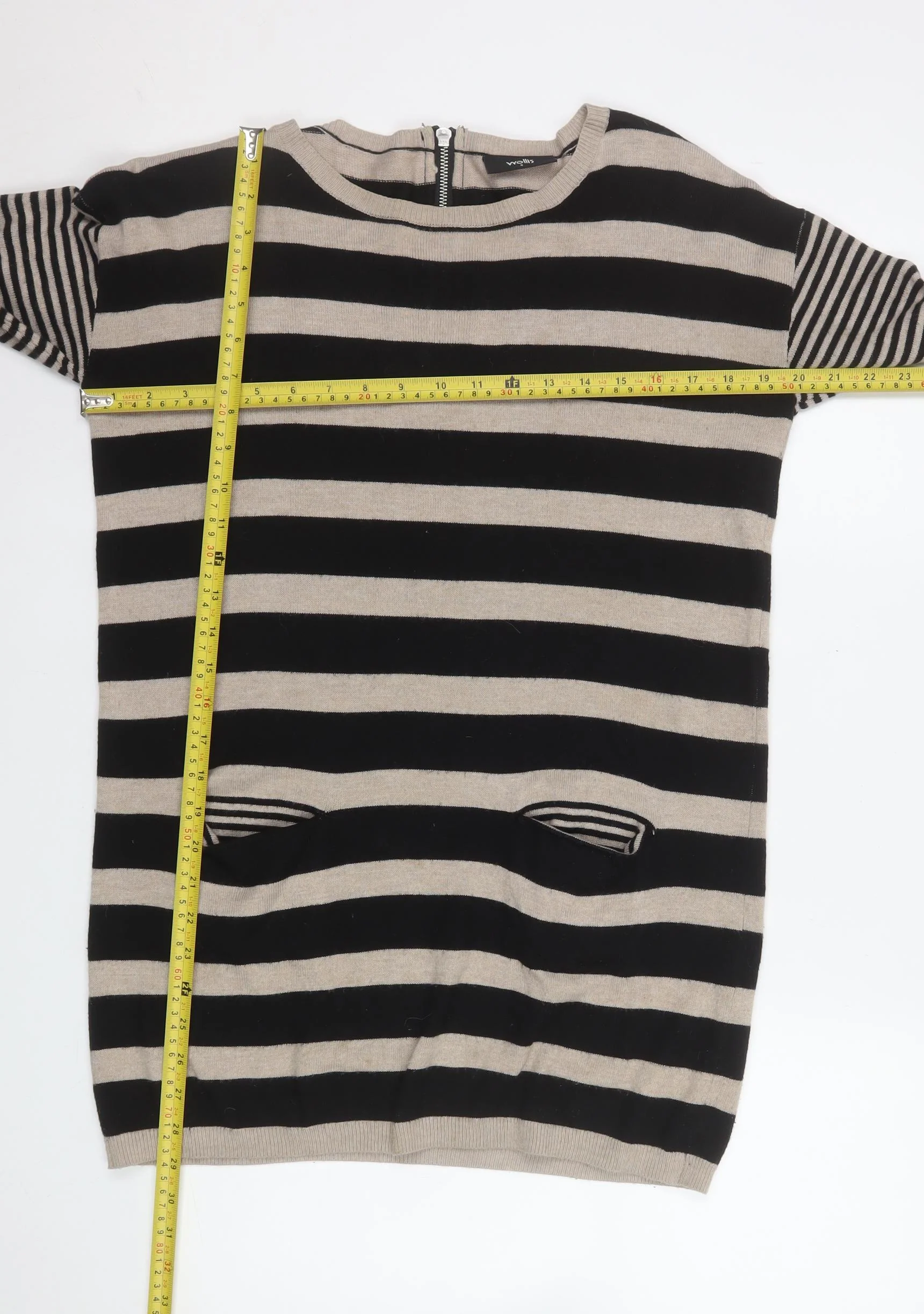 Wallis Women Beige Black Striped Knit Shift Dress Size 8 - Image 2