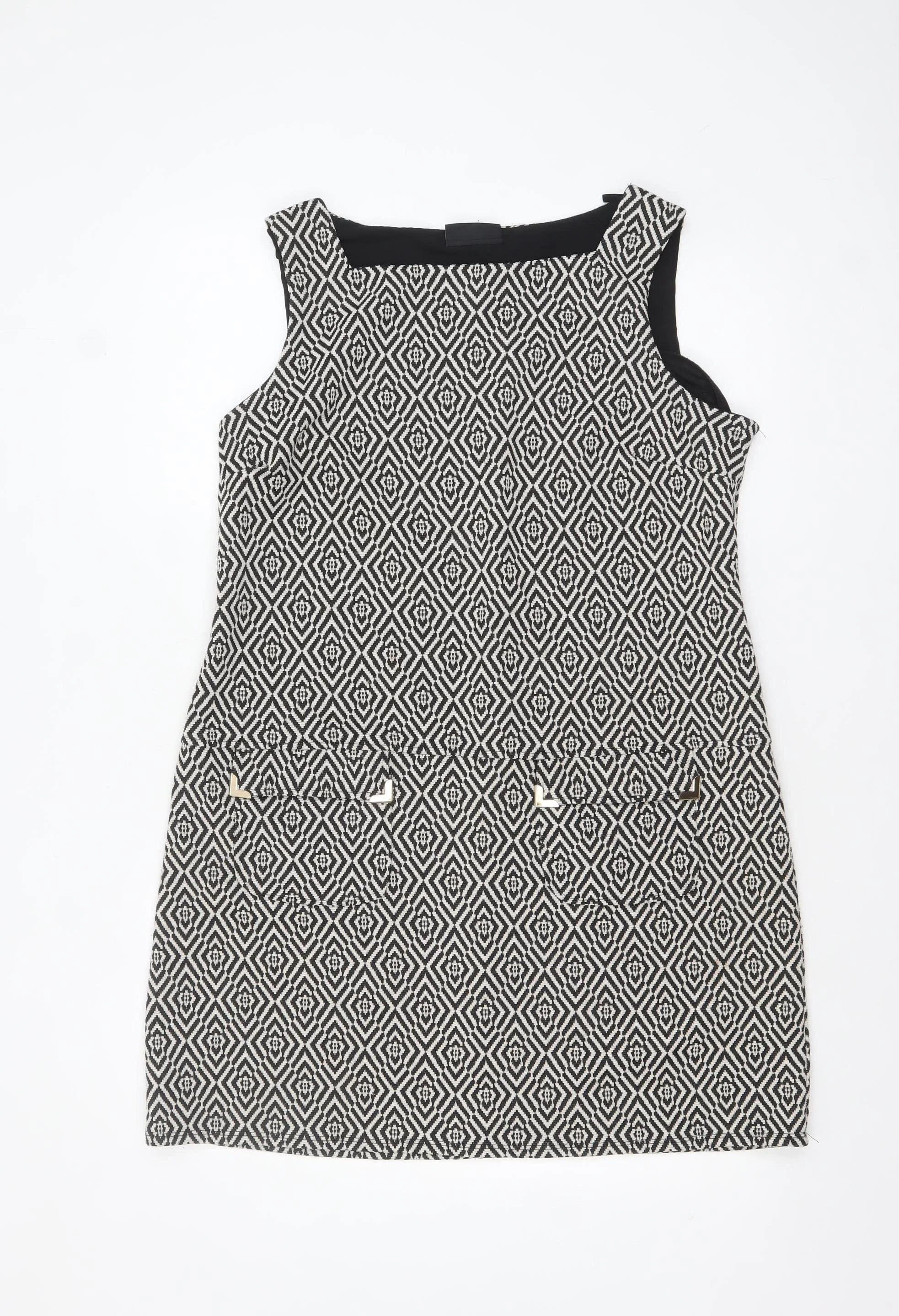 Wallis Women Black Geometric Sleeveless Shift Dress Size 14
