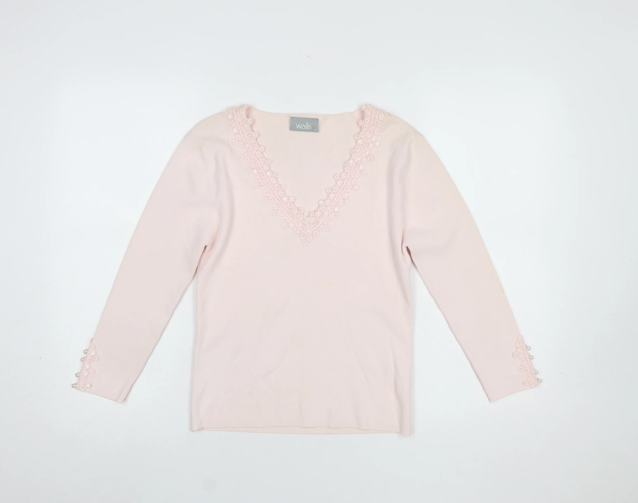 Wallis Women Pink V-Neck Long Sleeve Beaded Jumper Size 12
