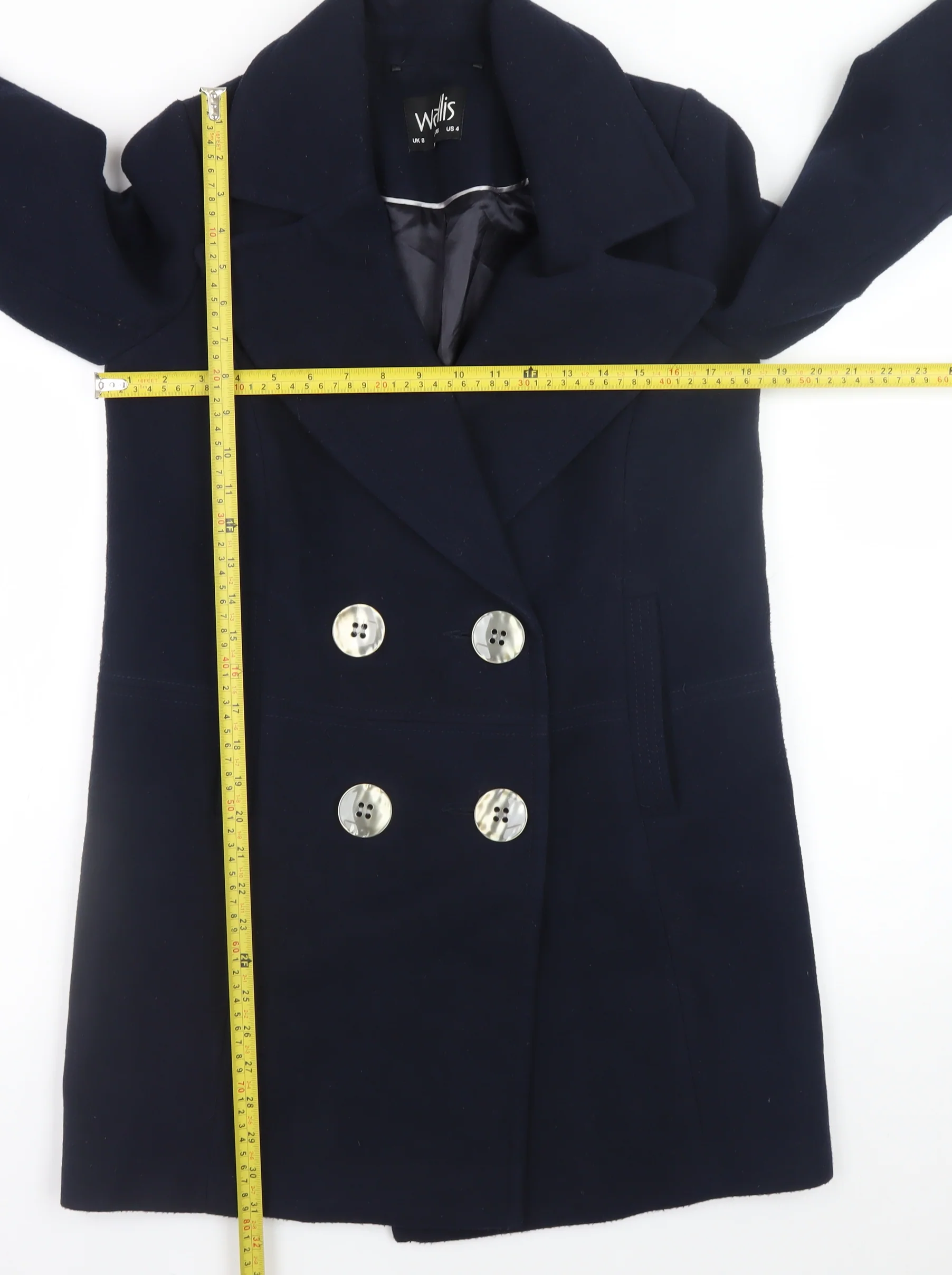 Wallis Womens Blue Pea Coat UK 8 Mid-Length Lined Buttoned - Image 2