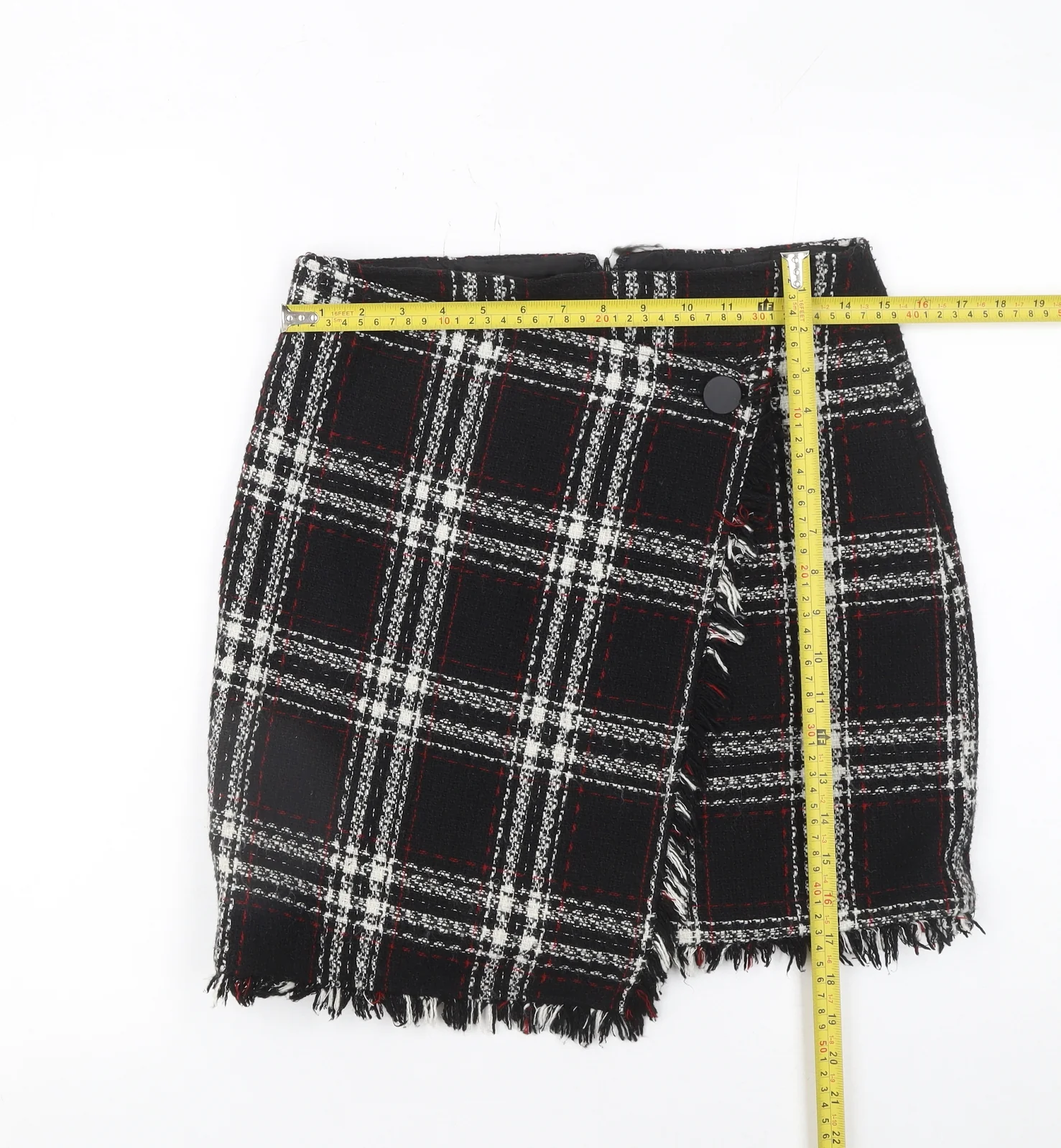Warehouse Women Black Plaid Wrap Mini Skirt Size 10 Tweed Fringe Detail - Image 2