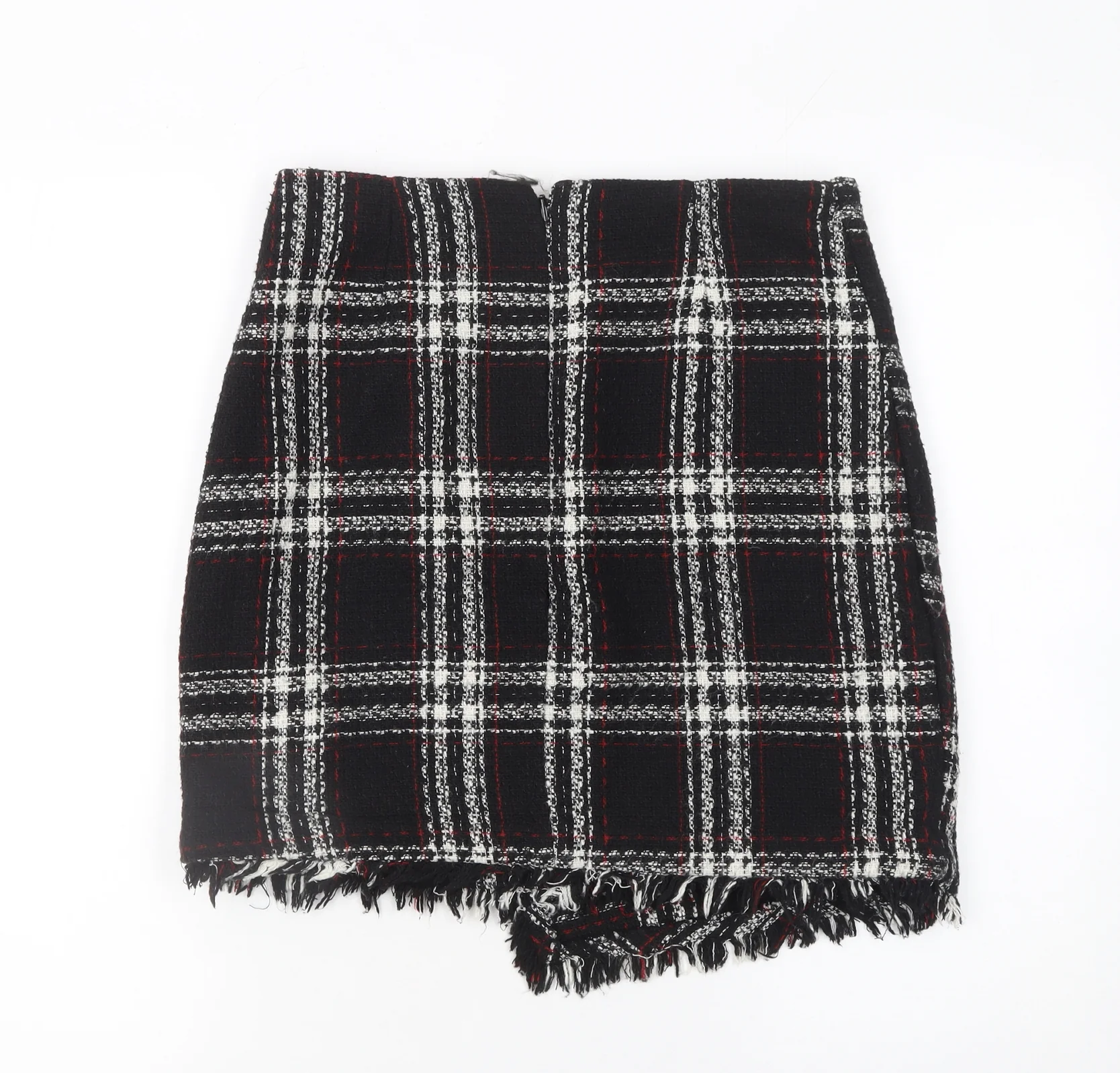 Warehouse Women Black Plaid Wrap Mini Skirt Size 10 Tweed Fringe Detail - Image 3