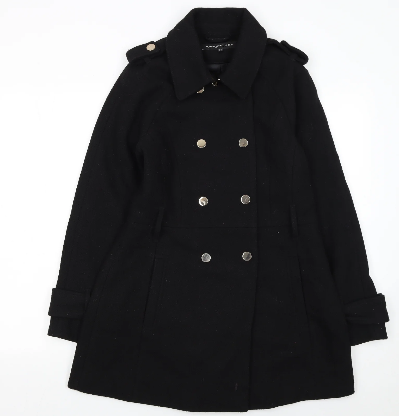 Warehouse Women Black Wool Blend Pea Coat UK 12 Double Breasted