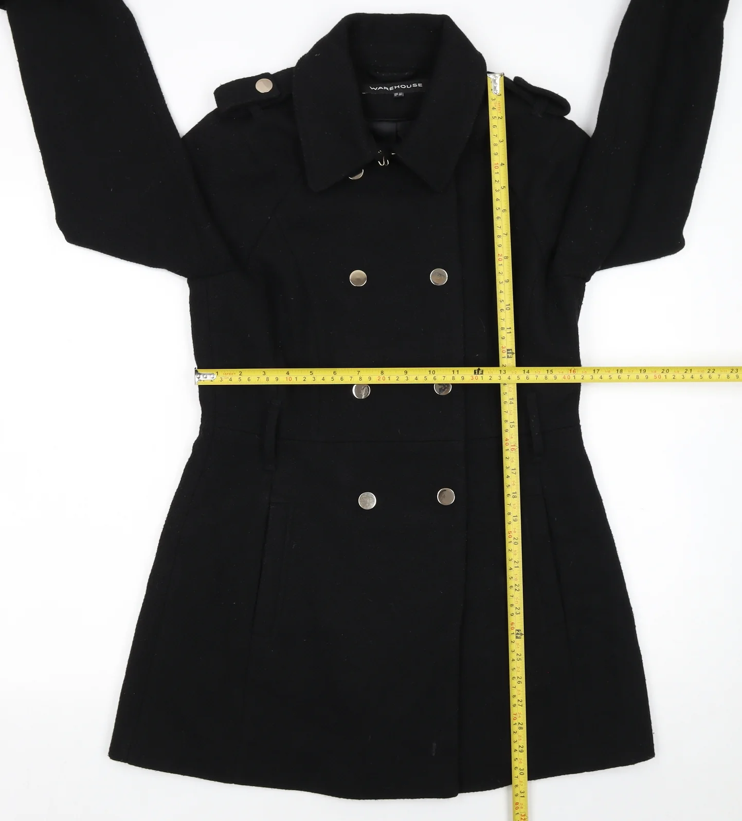 Warehouse Women Black Wool Blend Pea Coat UK 12 Double Breasted - Image 2