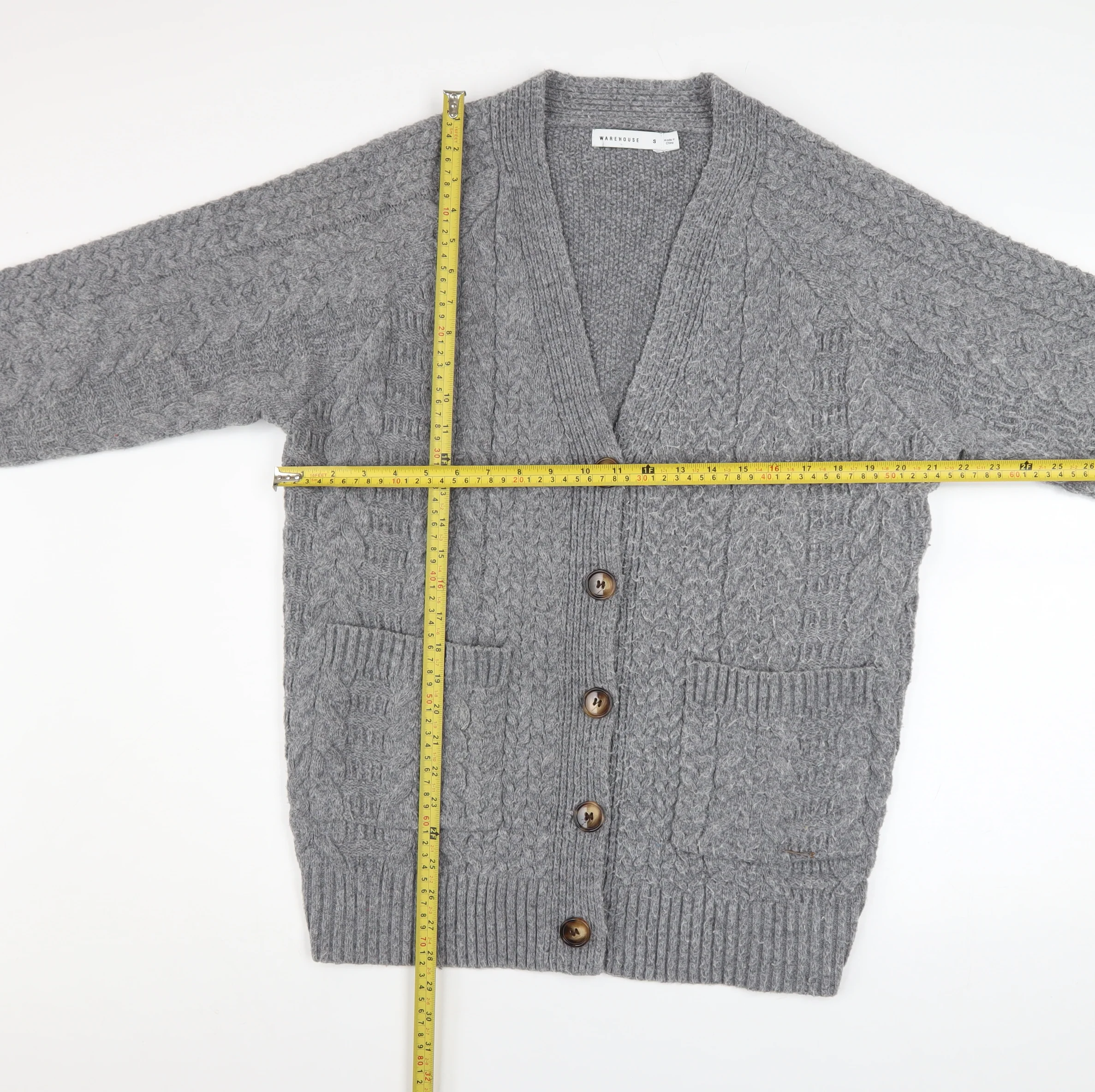 Warehouse Women’s Grey Cable Knit Cardigan Small Polyester Blend - Image 2