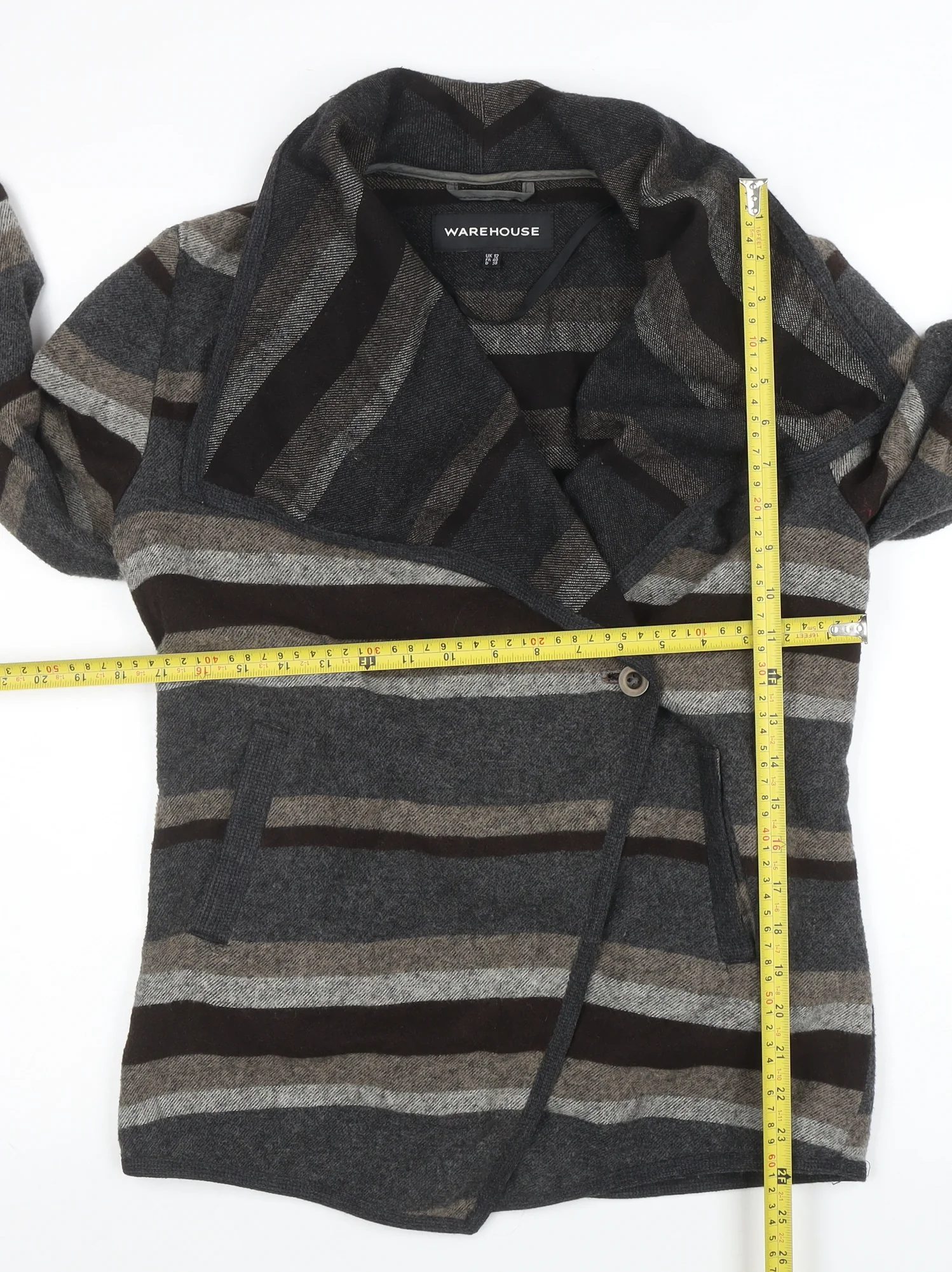 Warehouse Women’s Grey Striped Long Sleeve Cardigan UK 12 - Image 2