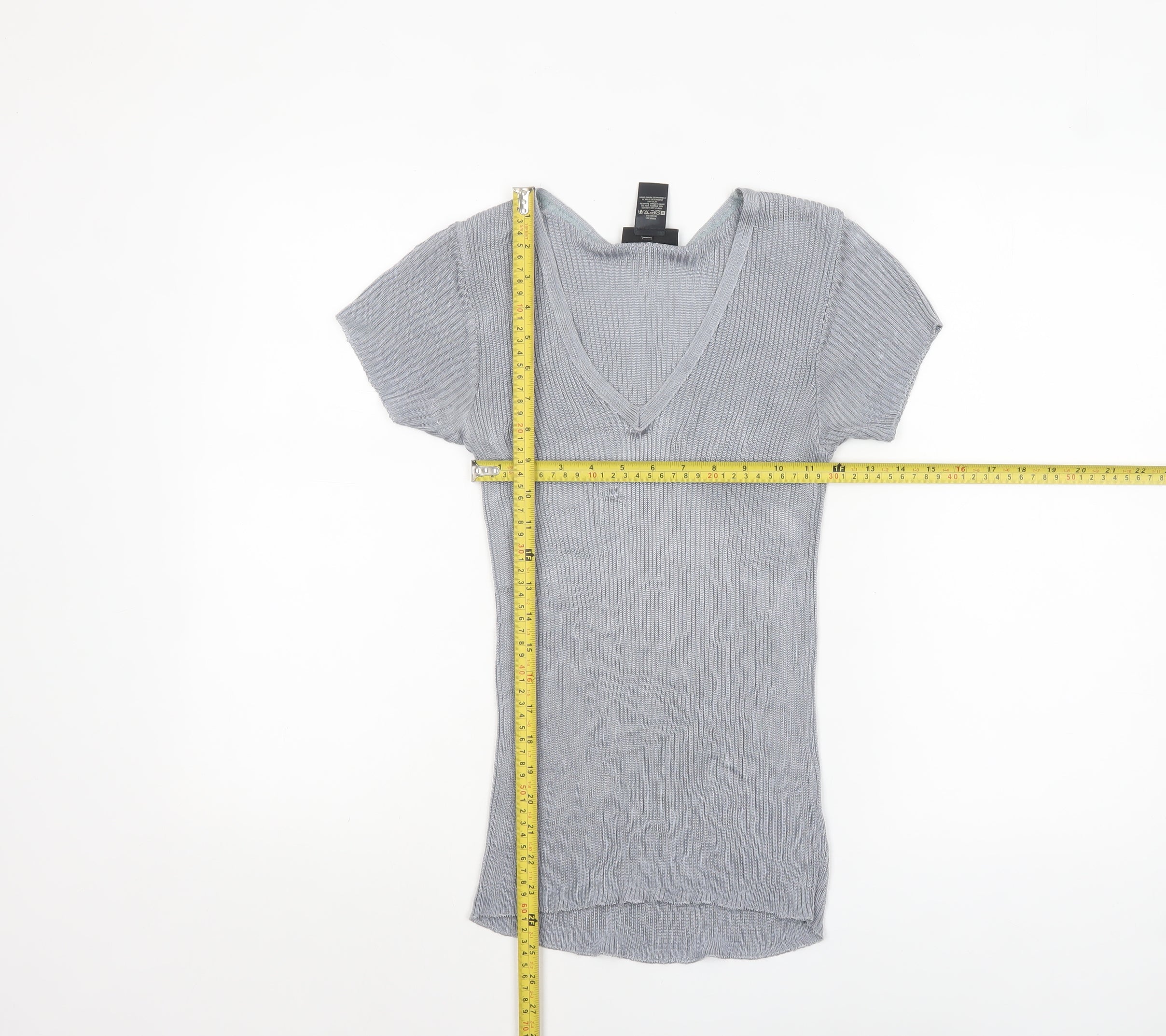 Warehouse Women’s Grey V-Neck Short Sleeve Knit Top Size 10 - Image 2