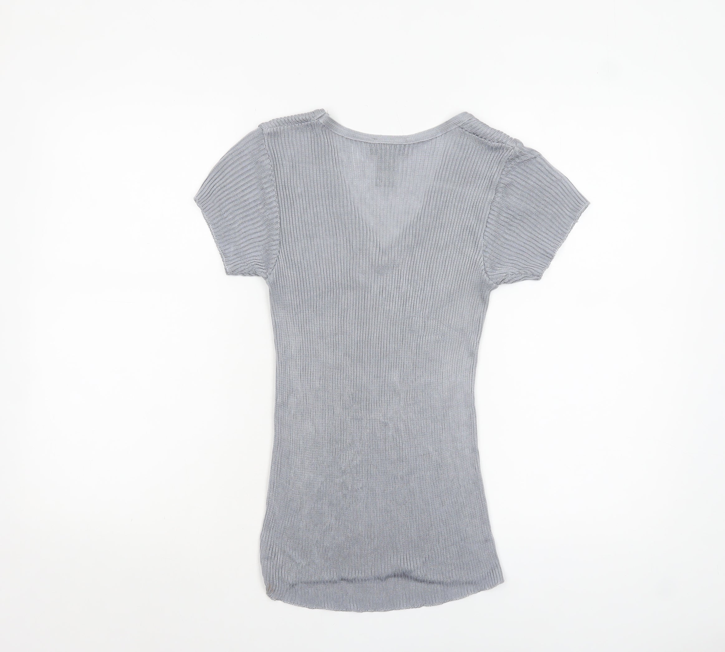 Warehouse Women’s Grey V-Neck Short Sleeve Knit Top Size 10 - Image 3