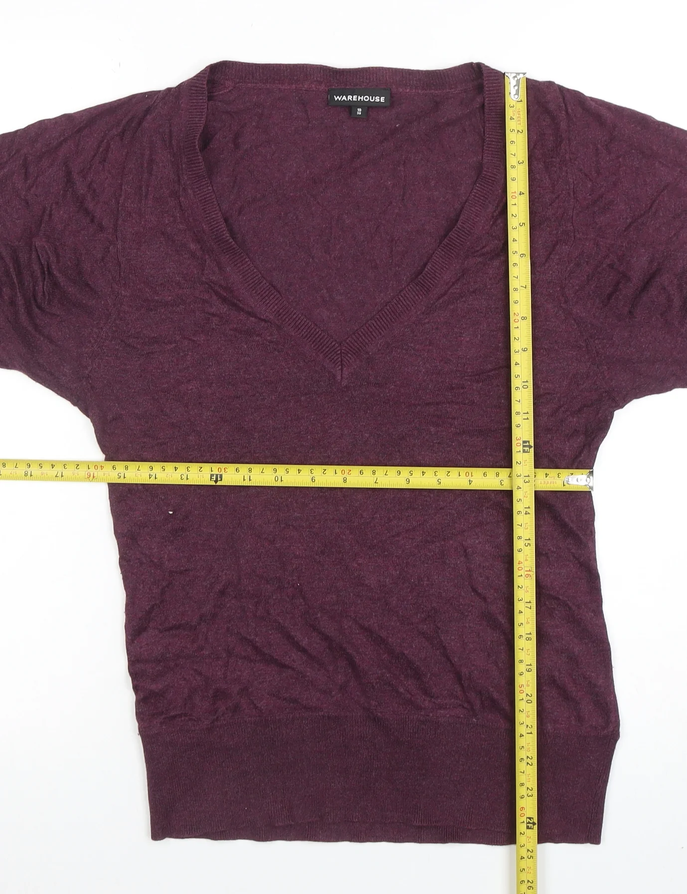Warehouse Women’s Purple V-Neck Short Sleeve Knit Top Size 10 - Image 2