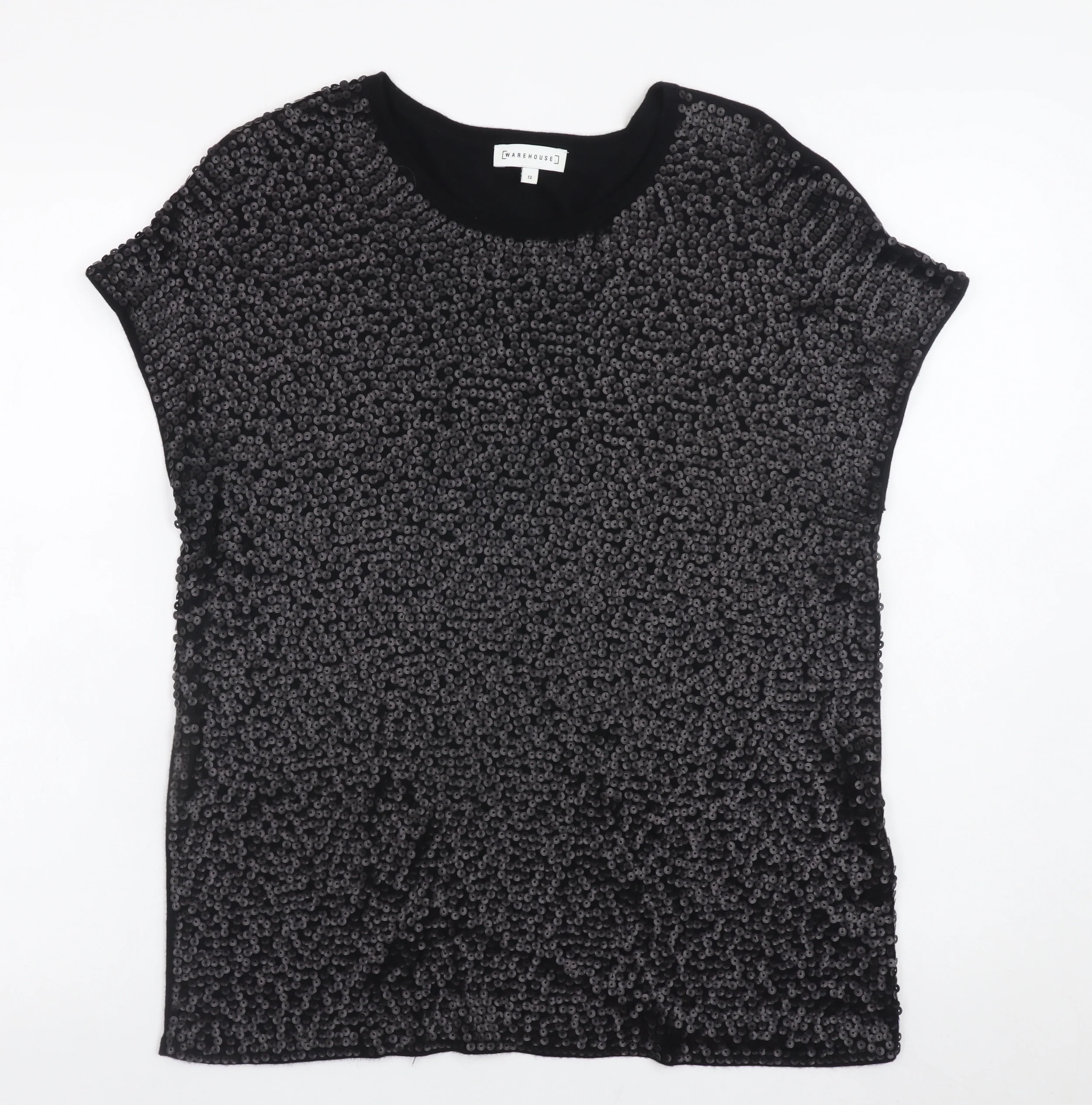 Warehouse Womens Black Sequin Short Sleeve Party T-Shirt UK 12