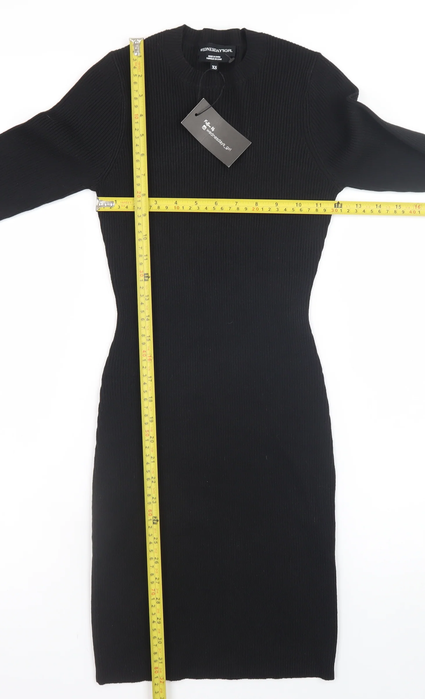 Wednesday's Girl Women's Black XS Bodycon Knit Dress with Feather Cuffs - Image 2