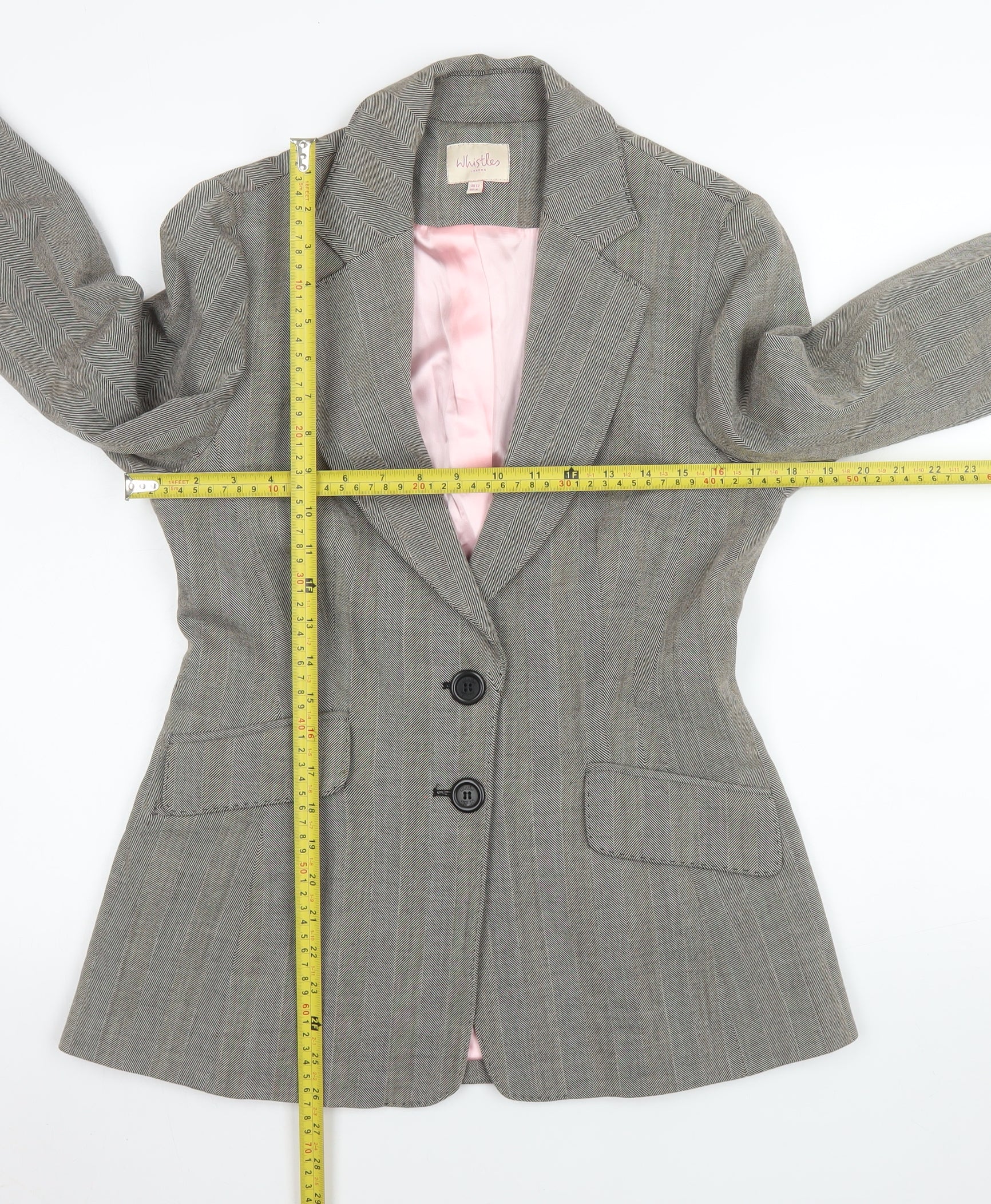 Whistles Women Grey Wool Blend Herringbone Blazer UK 12 Classic Fit - Image 2