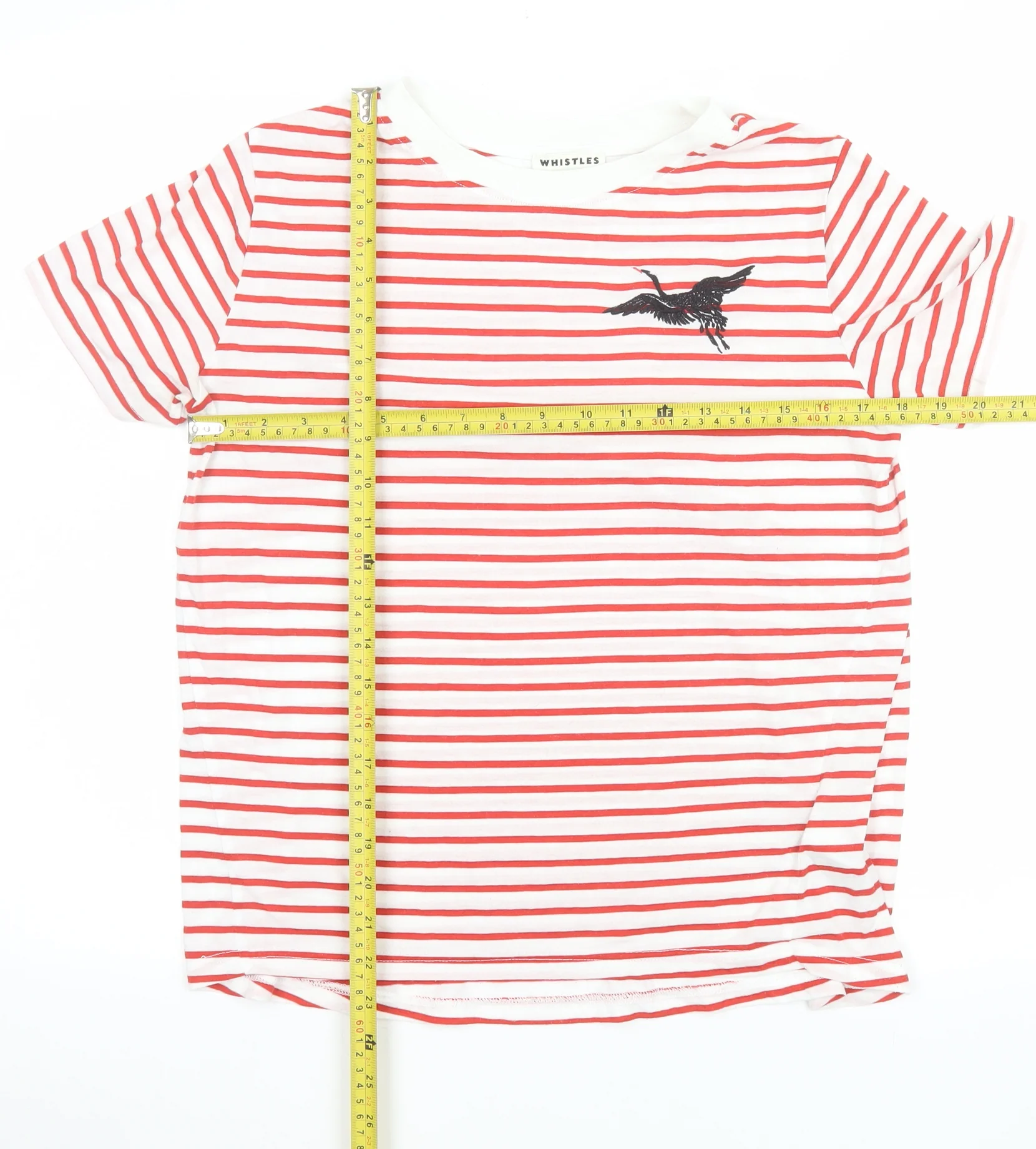 Whistles Women Red Stripe Embroidered Bird T-Shirt Size S - Image 2