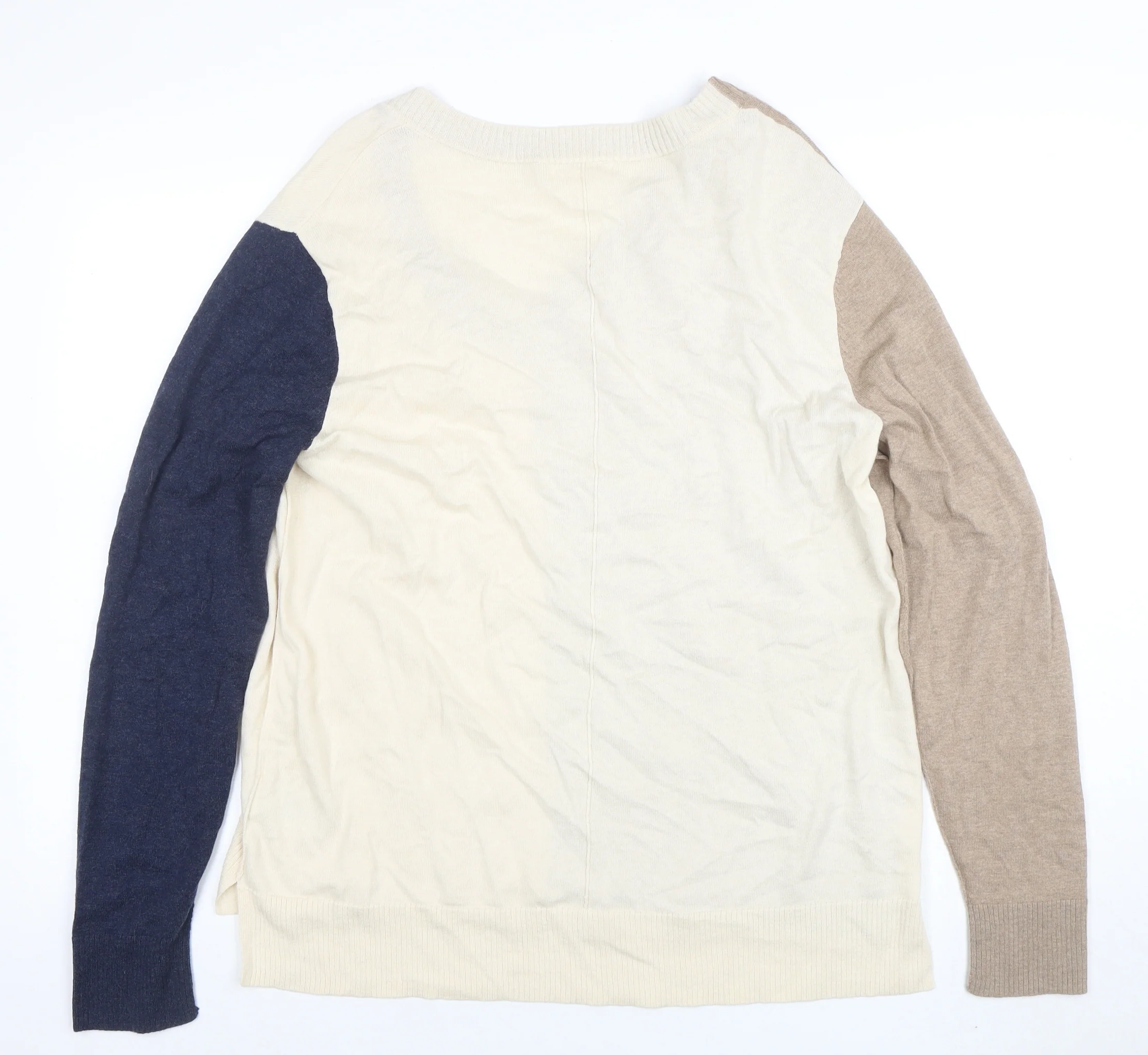 White Stuff Women Beige Cream Blue V-Neck Colourblock Cotton Jumper L - Image 3