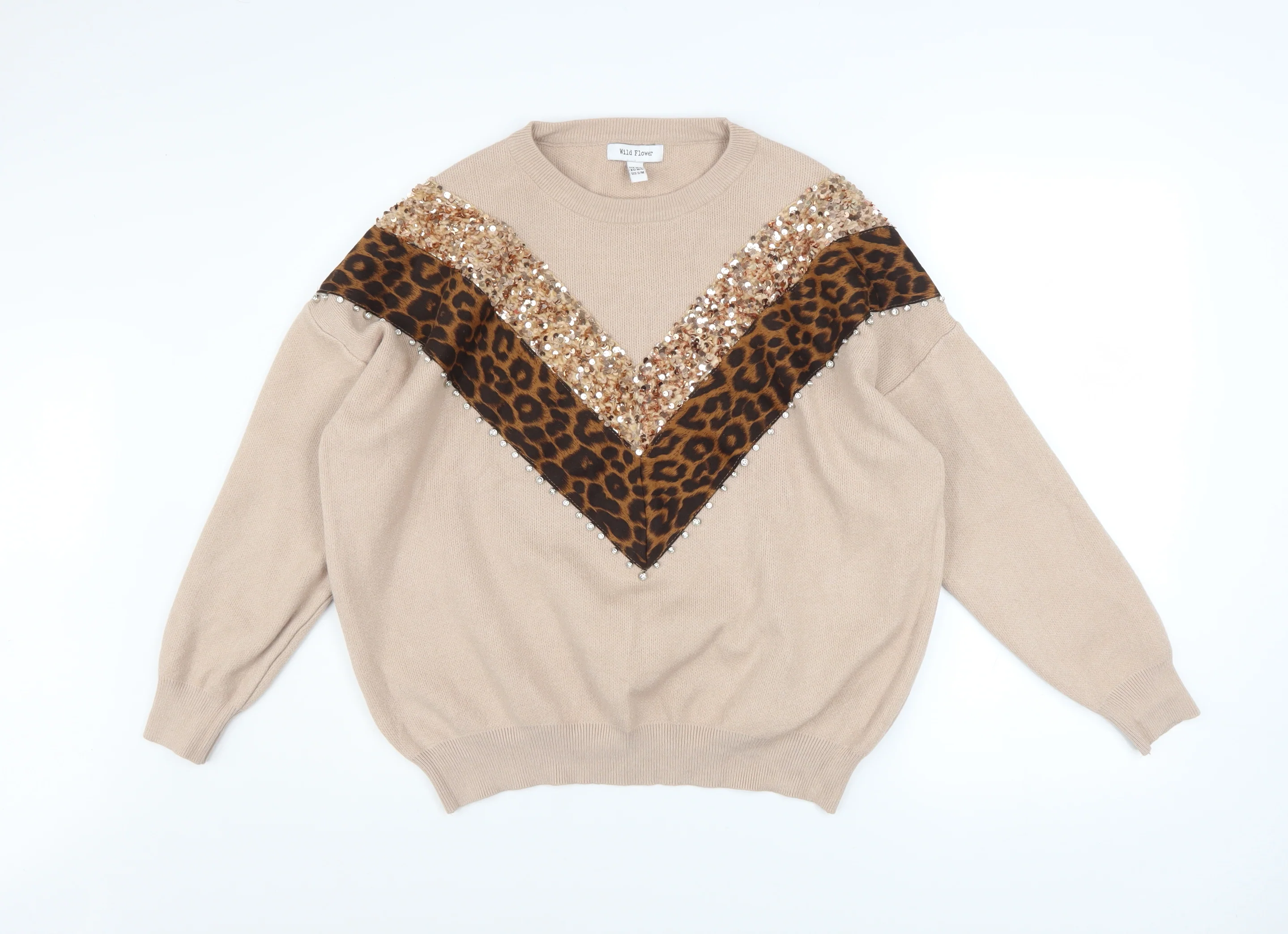 Wild Flower Women’s Beige Leopard Sequin Pullover Jumper M/L