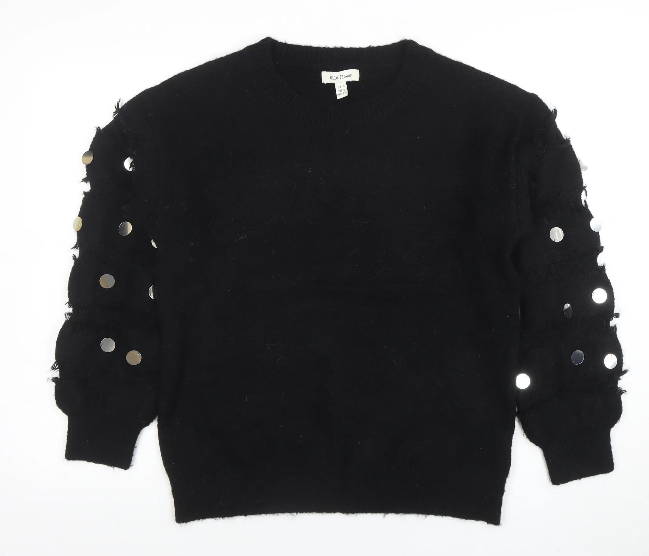 Wild Flower Womens Black Sequin Sleeve Pullover Jumper Size S