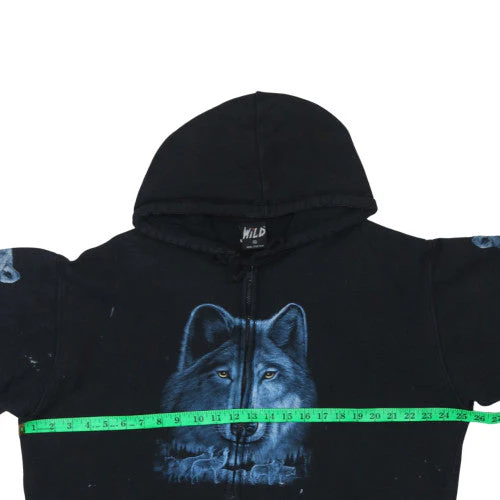 Wild Mens Black XL Full Zip Wolf Graphic Cotton Hoodie - Image 2