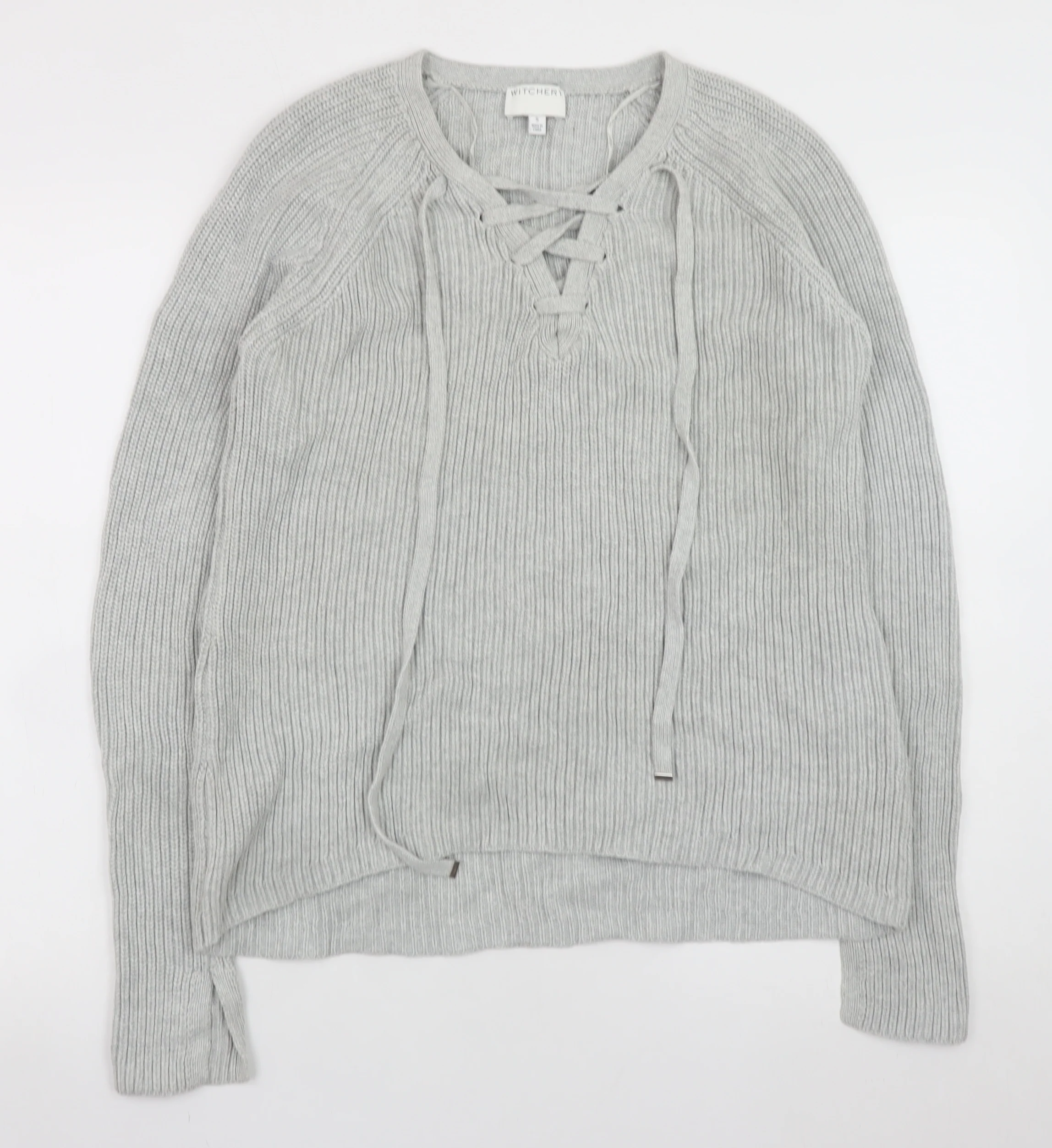 Witchery Women Grey Cotton Lace-Up V-Neck Knit Jumper Size S
