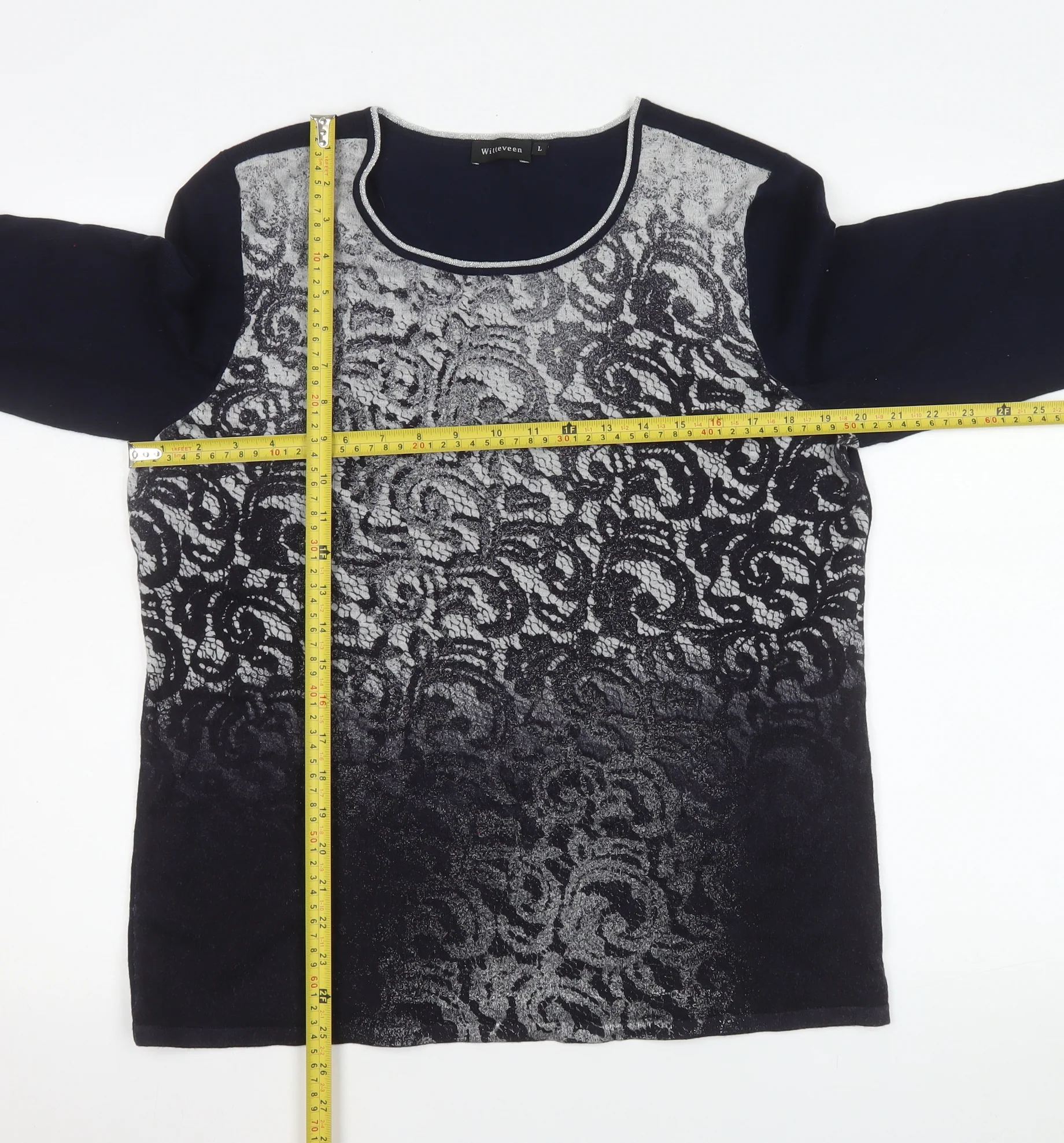 Witteveen Women’s Blue Floral Metallic Knit Long Sleeve Top L - Image 2