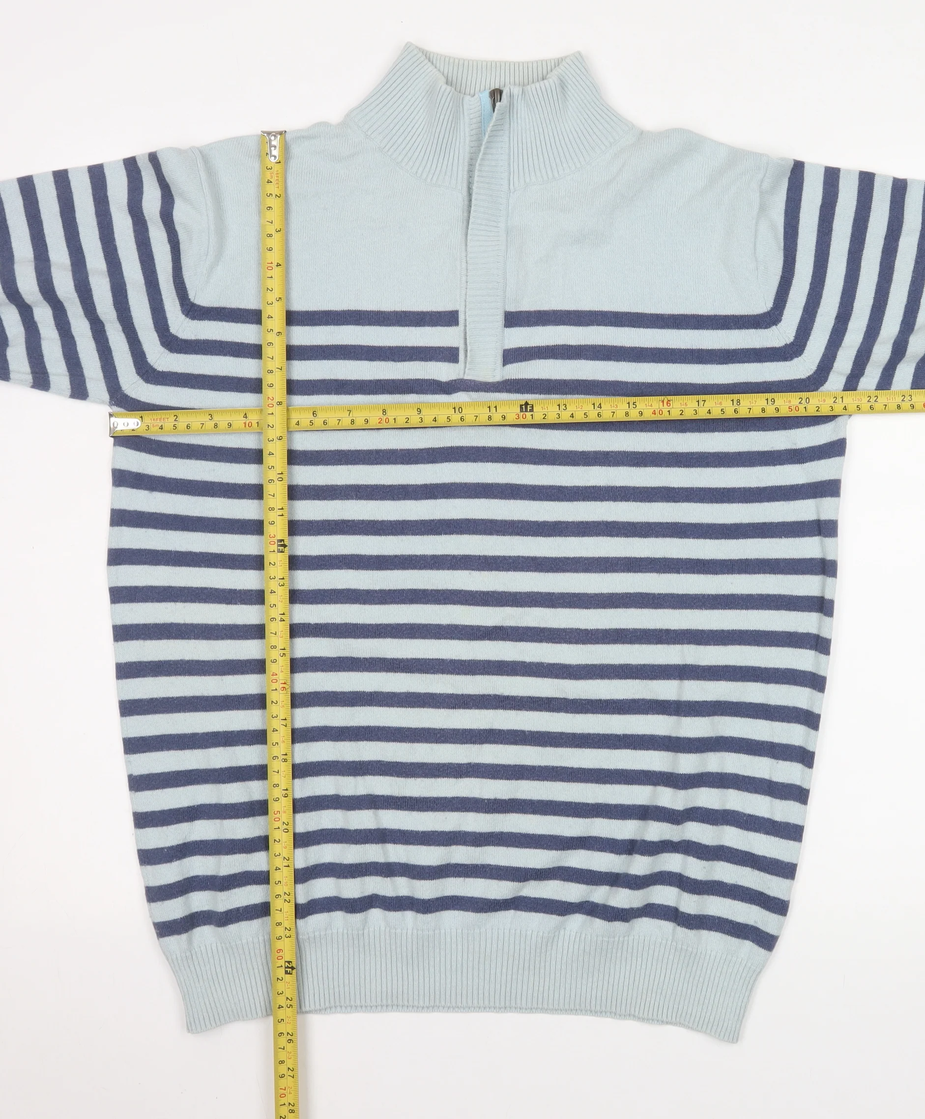 Woolovers Men’s Blue Striped 1/2 Zip Mock Neck Cotton Cashmere Sweater M - Image 2