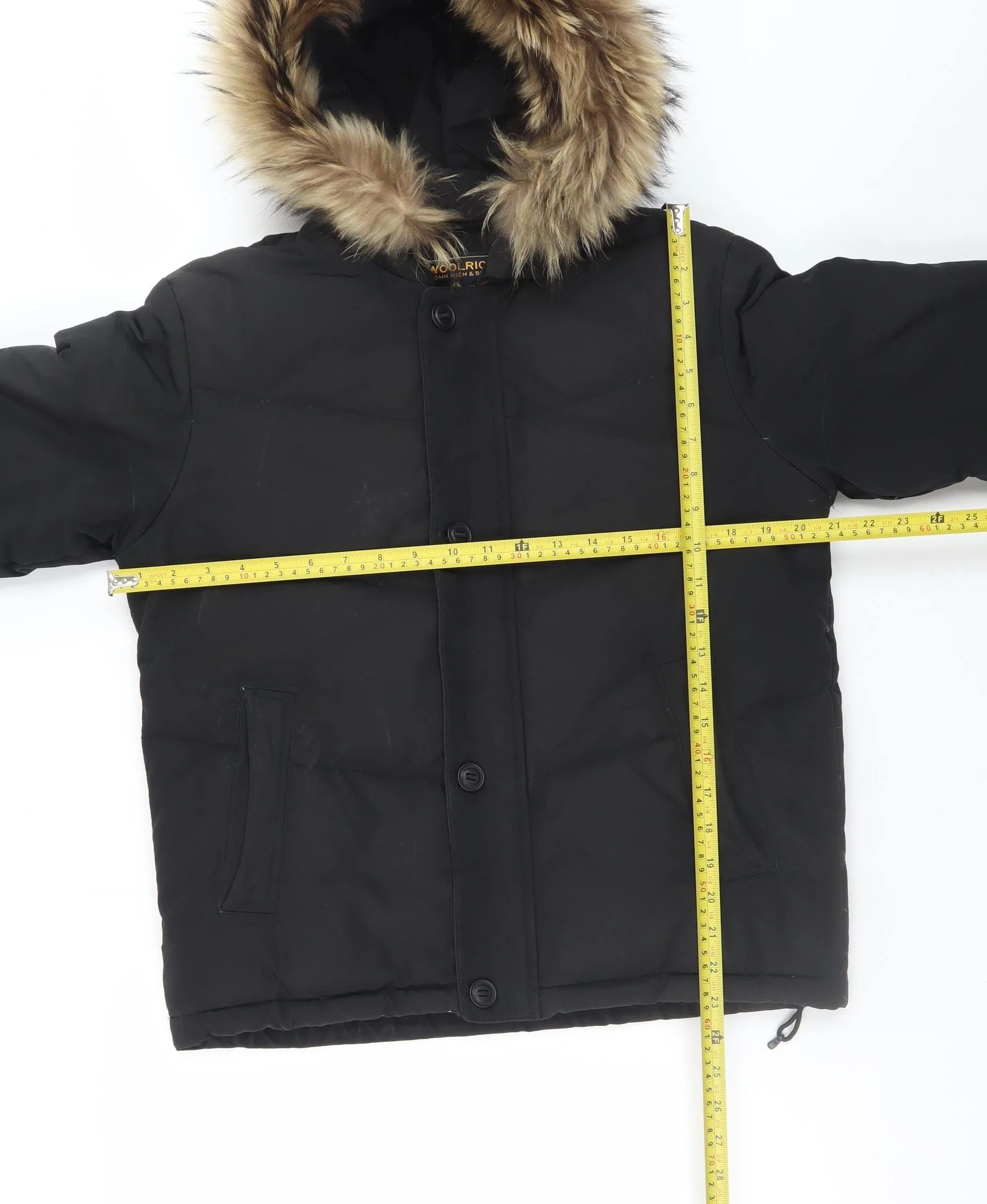Woolrich Men's Black Down Puffer Jacket with Fur Hood Size 14 - Image 2