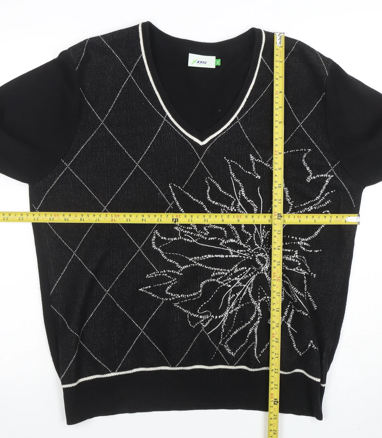 XDS Women's Black XL V-Neck Cotton Knit Argyle Floral Jumper - Image 2