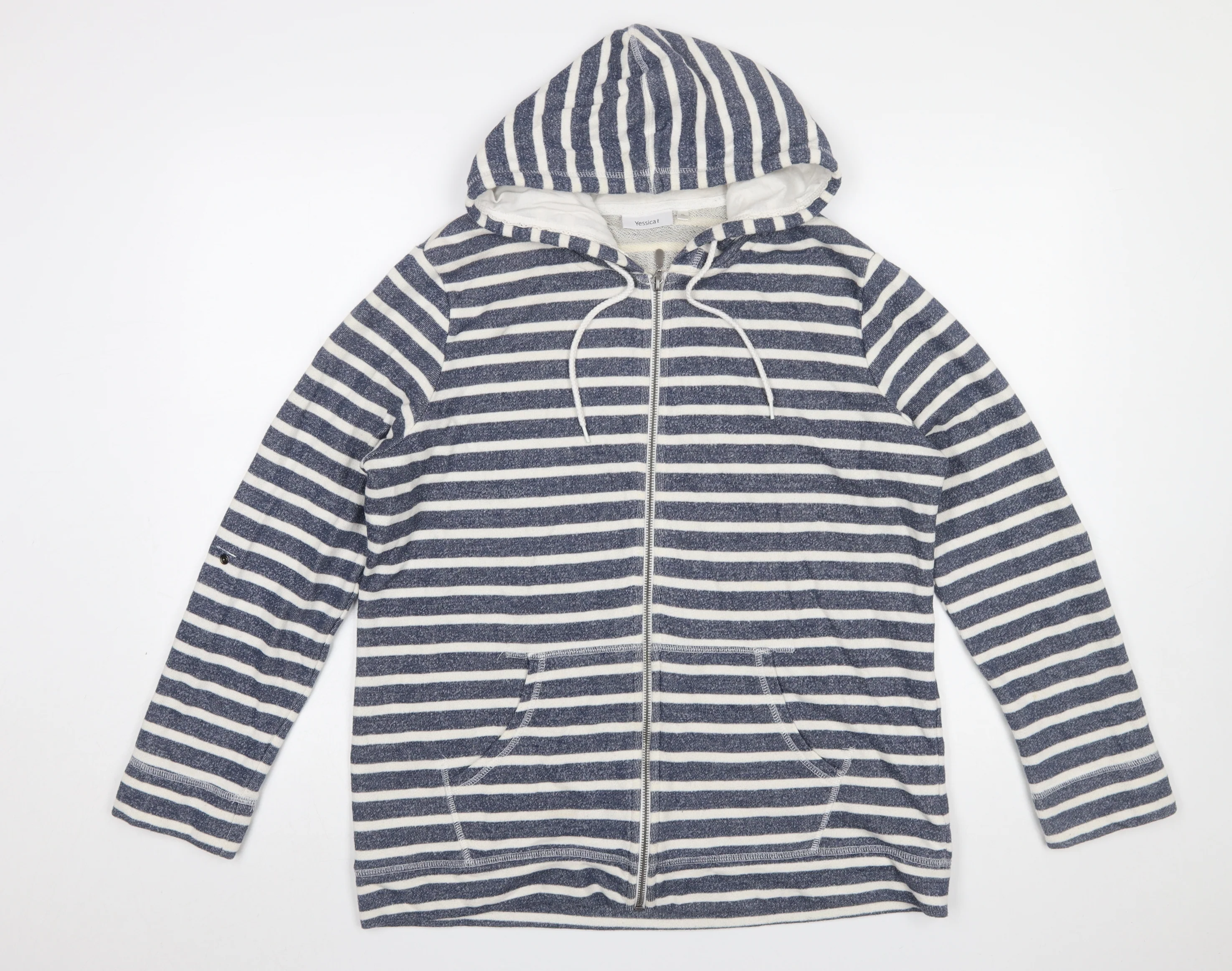 Yessica C&A Women Blue White Striped Full Zip Hoodie XL