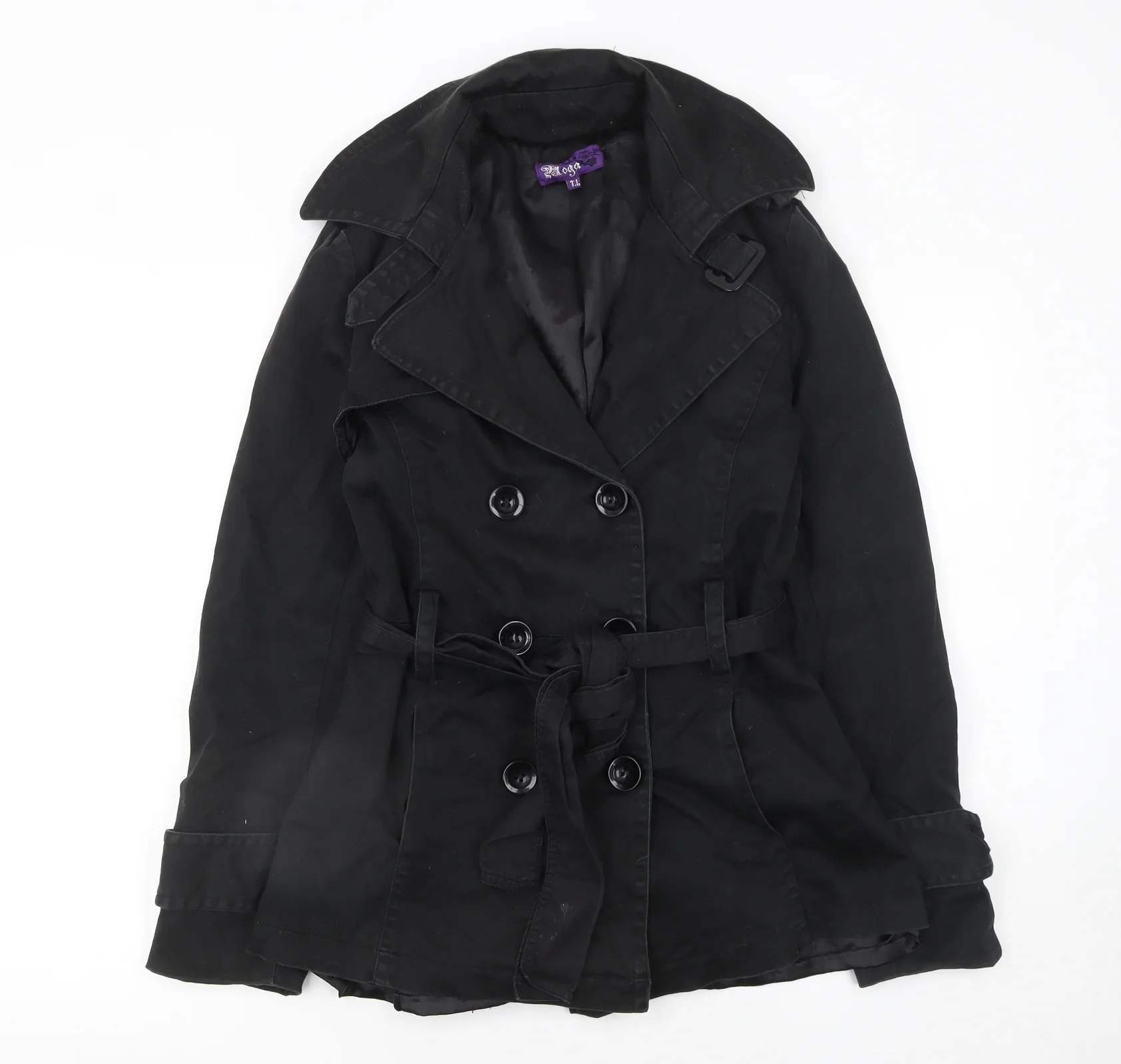 Yoga Women's Black L Trench Coat Belted Cotton Blend Classic Style