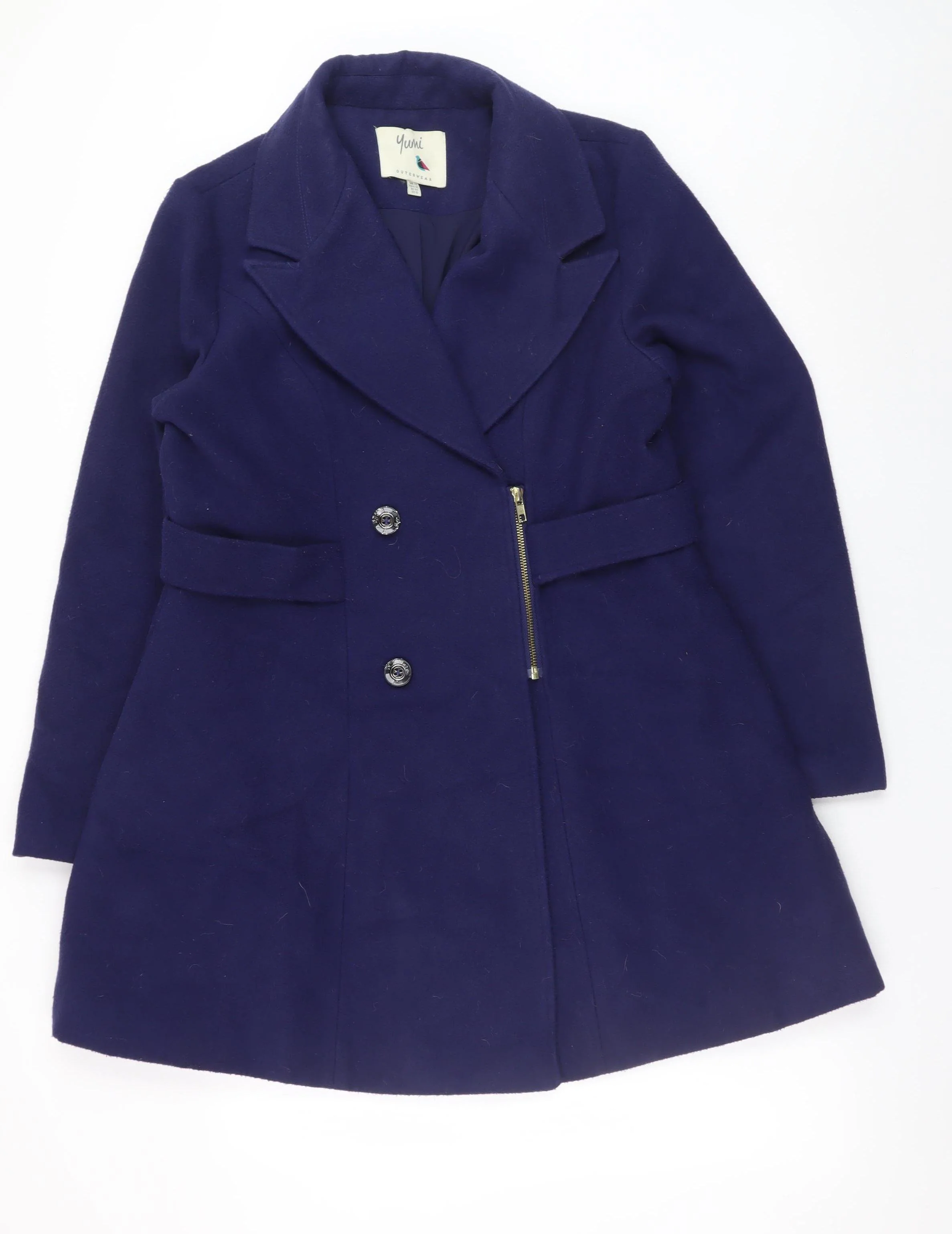 Yumi Women Blue Wool Blend Mid-Length Belted Overcoat UK 14