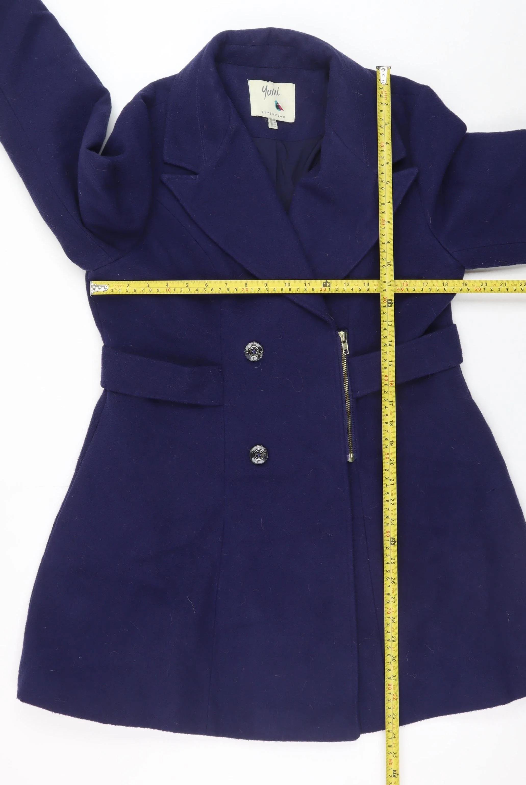 Yumi Women Blue Wool Blend Mid-Length Belted Overcoat UK 14 - Image 2