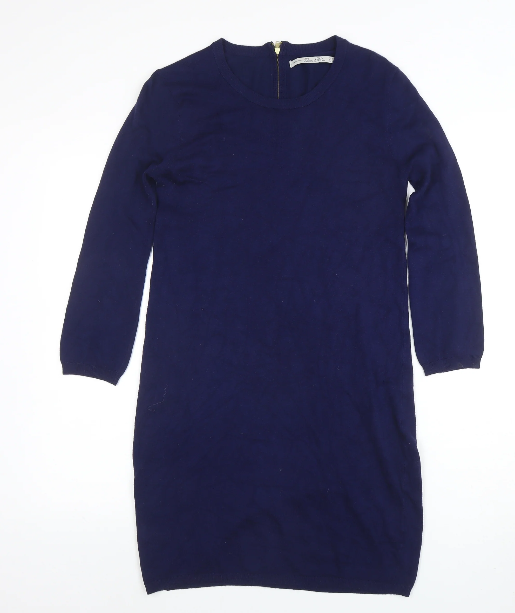 Zara Knit Women Blue Knee Length Sweater Dress M 3/4 Sleeve Zip Back